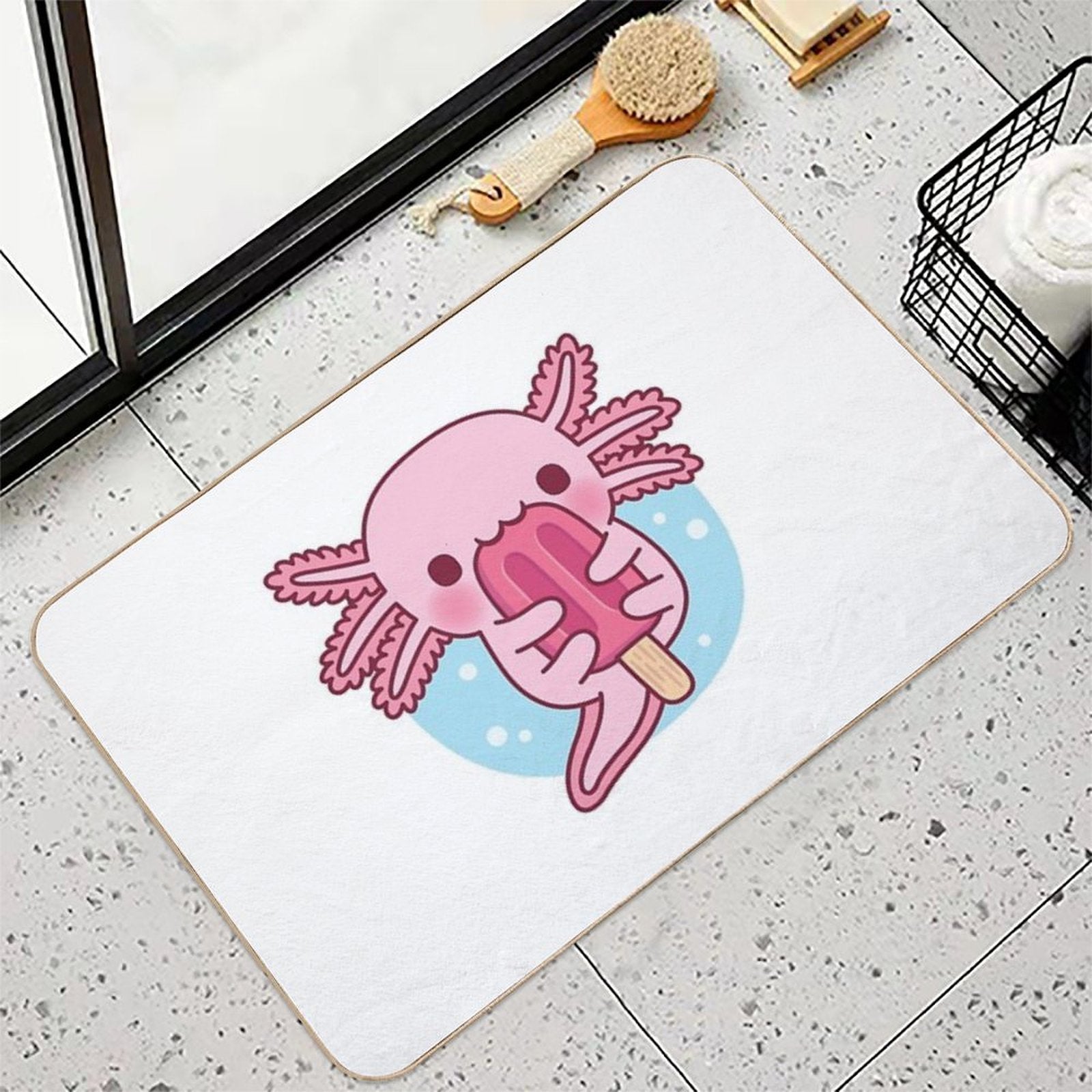Cute Axolotl Eating Popsicle Ice Cream Durable Bath Mat