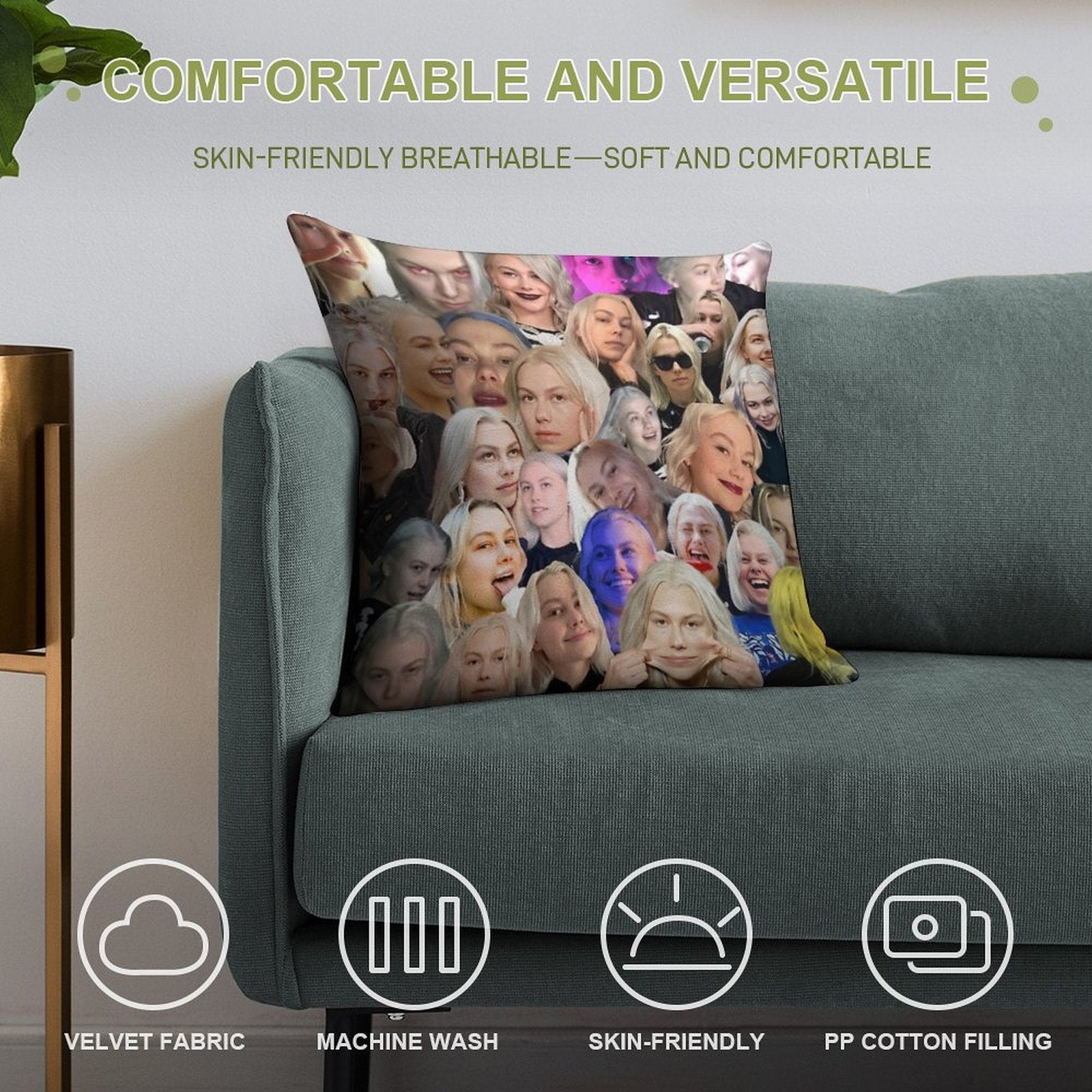 Phoebe Bridgers Face Collage Soft Easy Maintenance Throw Pillow