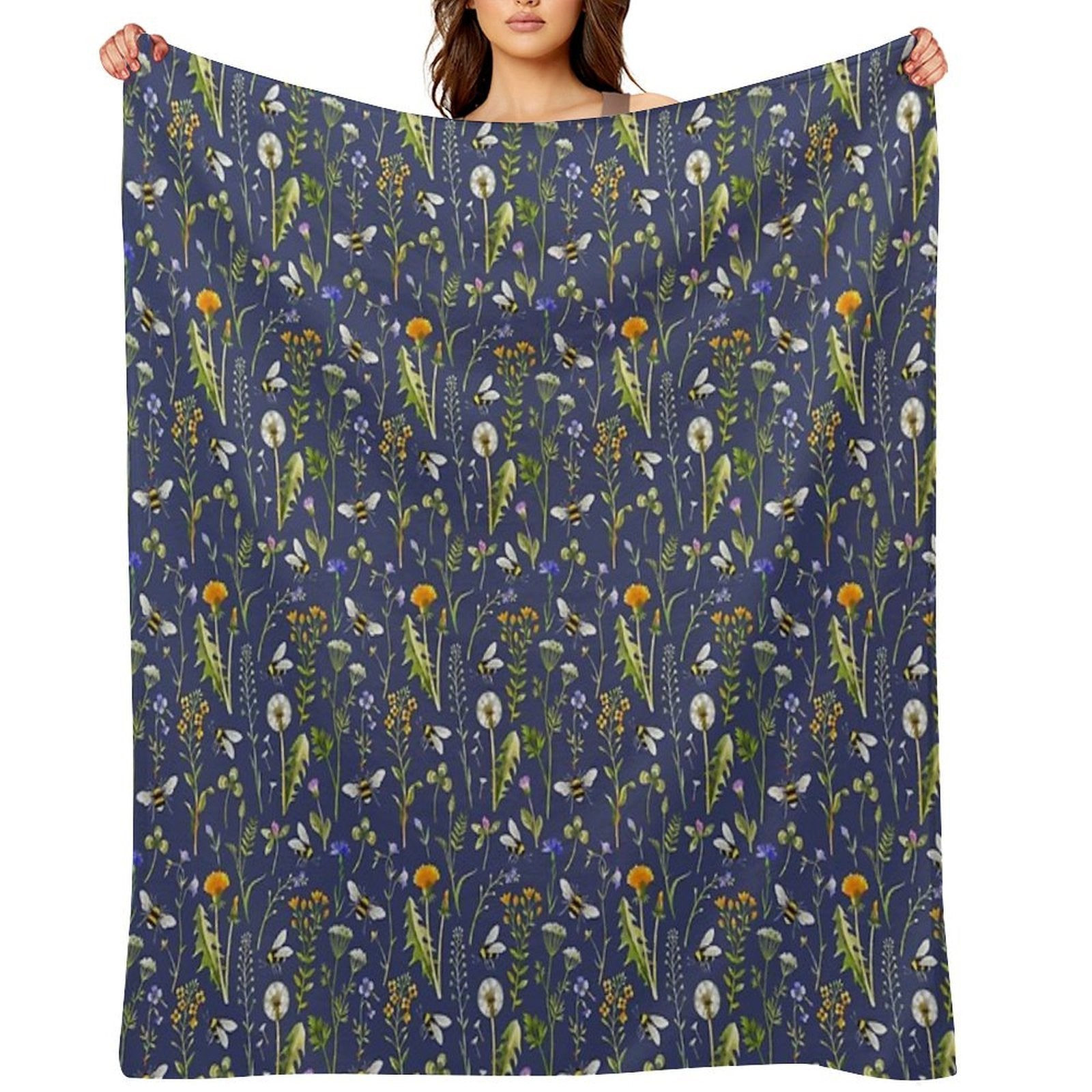 Bees And Wildflowers  Dark Blue Easy Care Throw Blanket