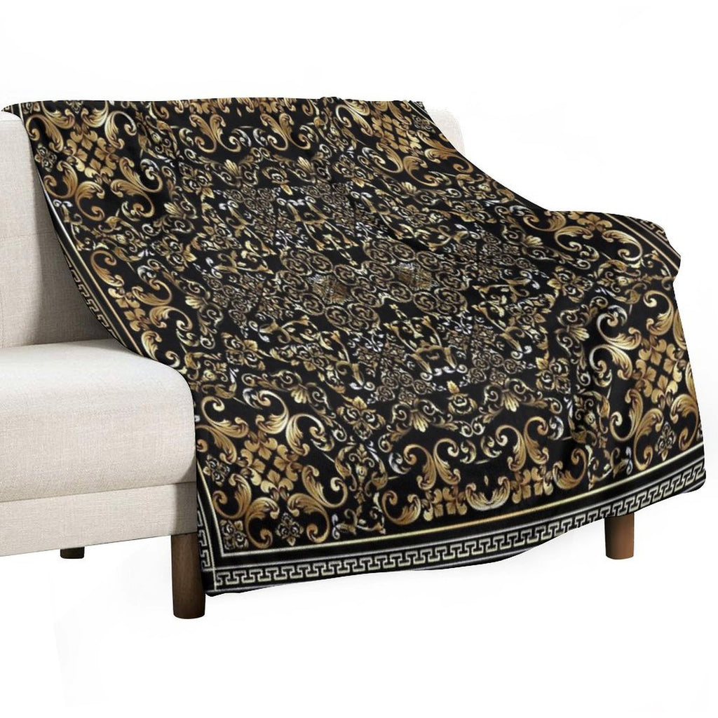 Ornate Baroque Black And Gold Greek Key Border Sustainable Throw Blanket