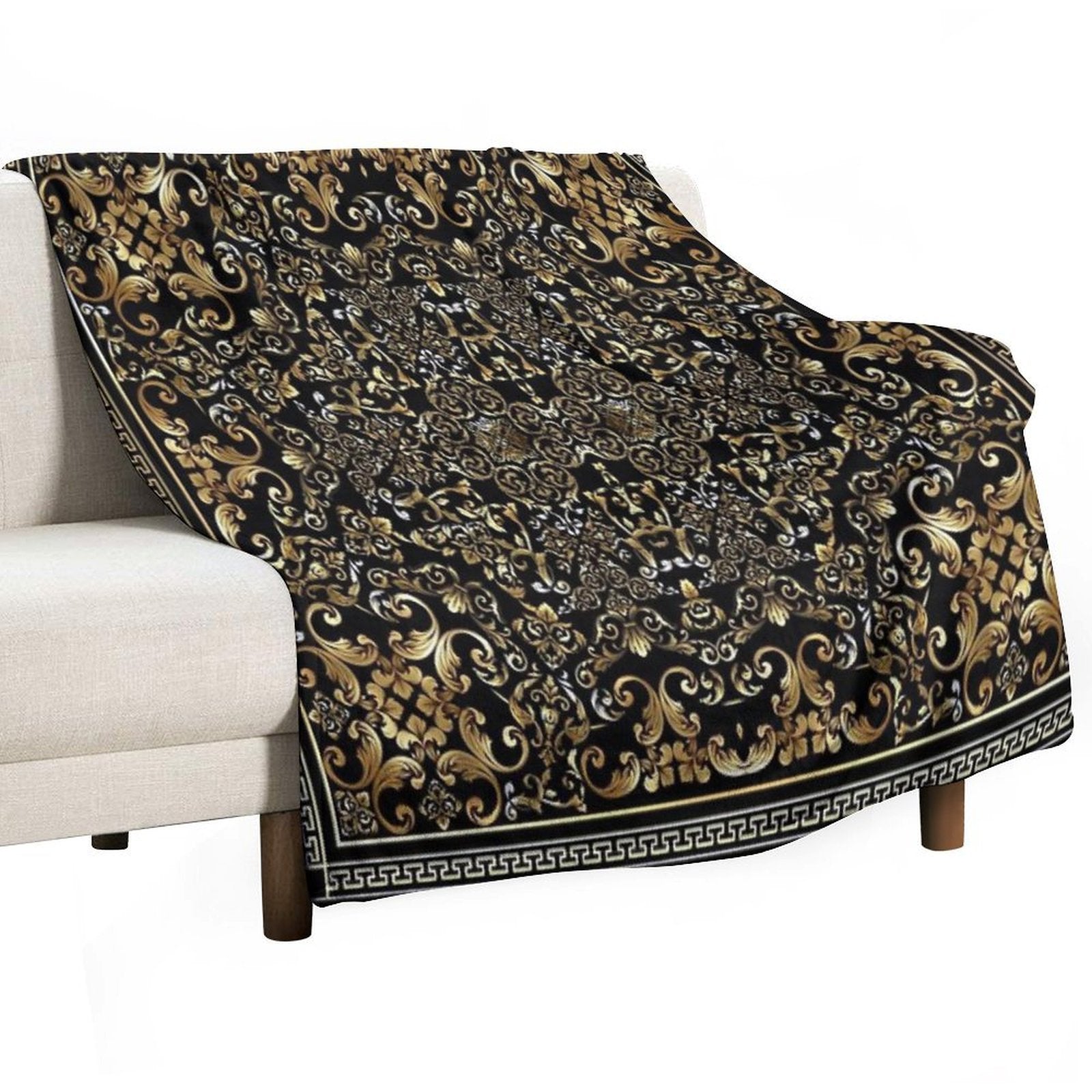 Ornate Baroque Black And Gold Greek Key Border Sustainable Throw Blanket