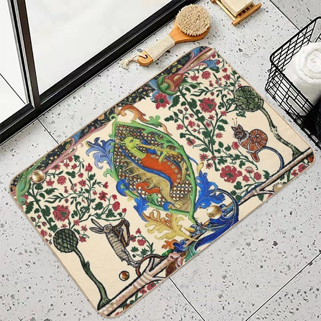 WEIRD MEDIEVAL BESTIARY MAKING MUSIC, Dragon Playing Flute ,Harpist Rabbit,Snail Cat  Rapid-Drying Bath Mat