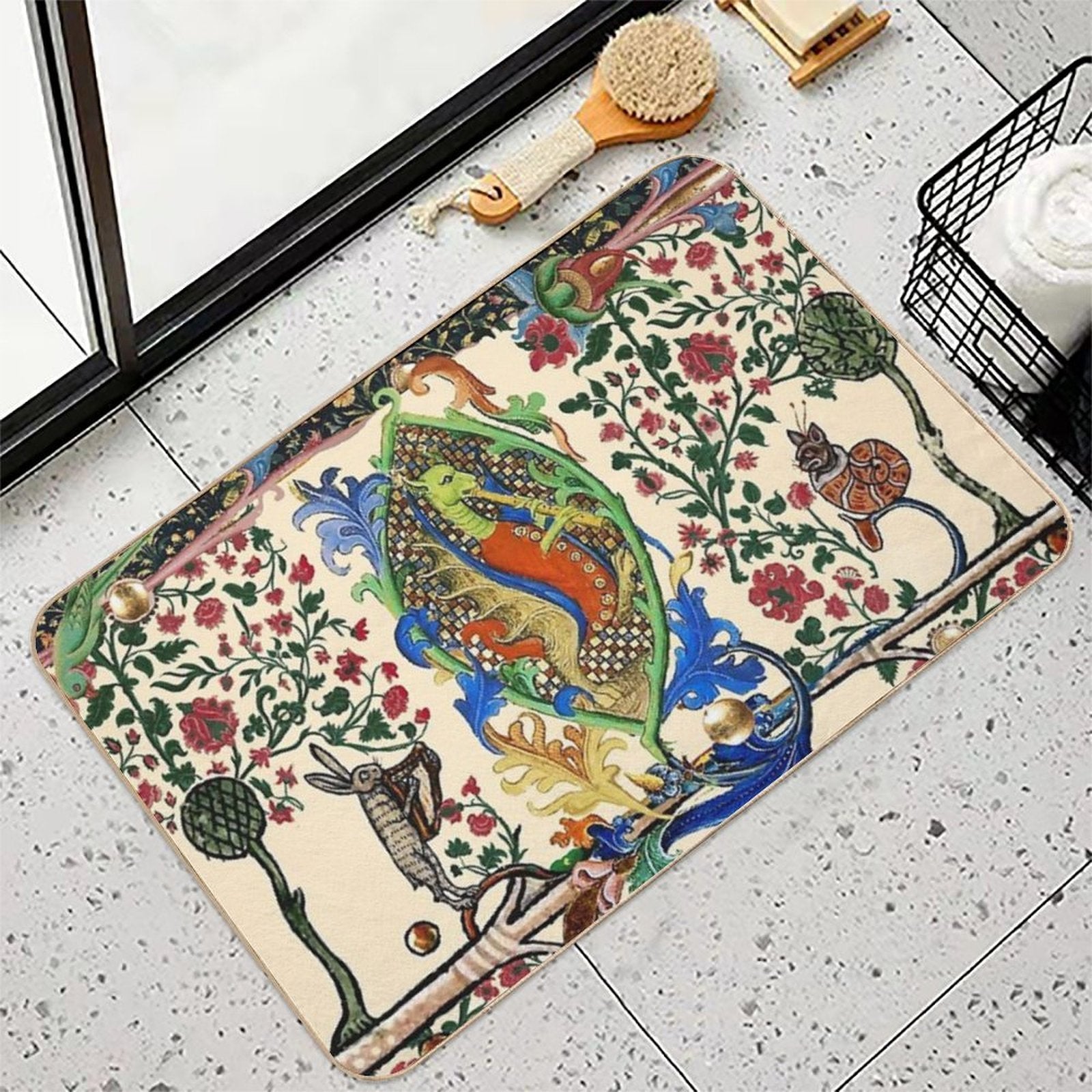 WEIRD MEDIEVAL BESTIARY MAKING MUSIC, Dragon Playing Flute ,Harpist Rabbit,Snail Cat  Rapid-Drying Bath Mat