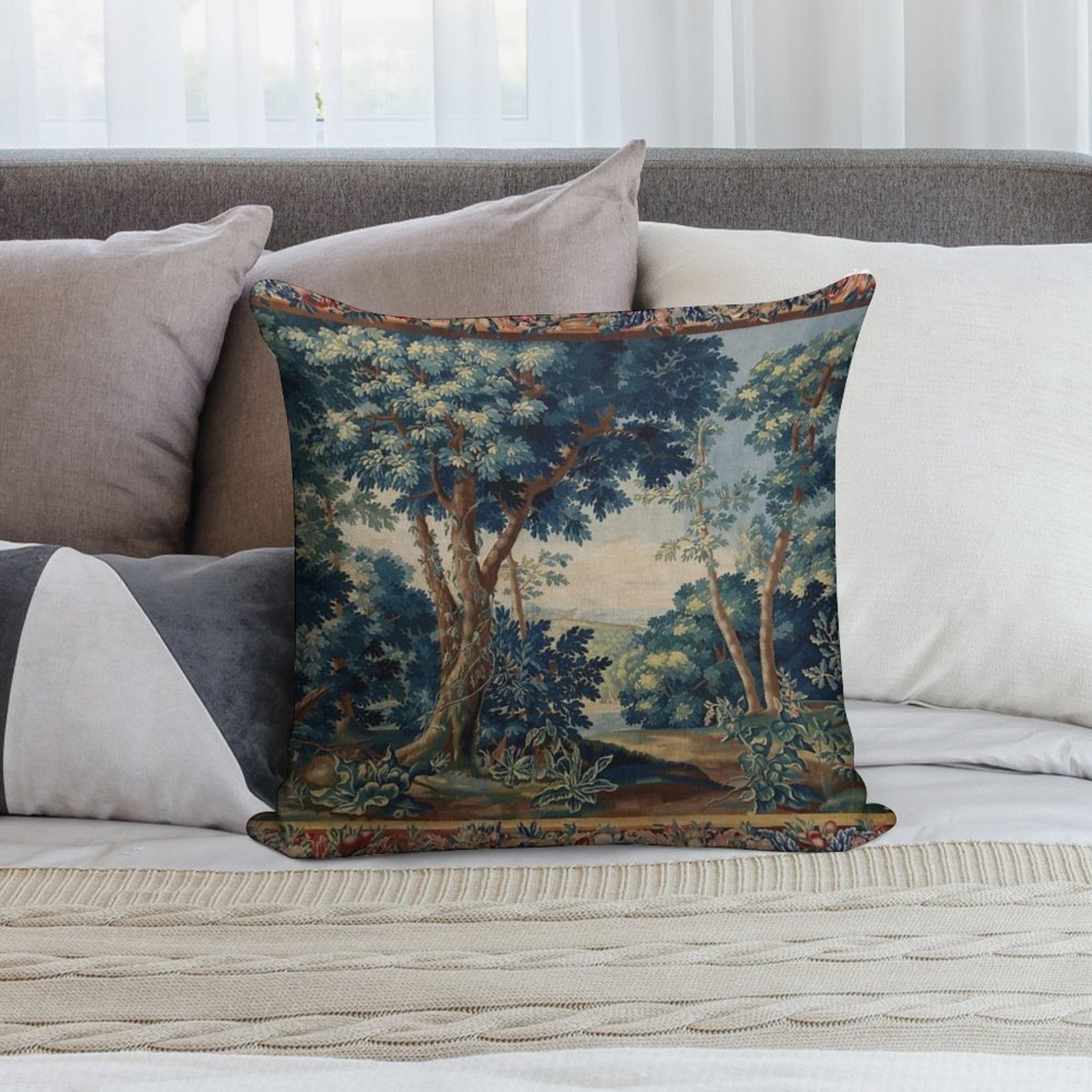 GREENERY, TREES IN WOODLAND LANDSCAPE Antique Flemish Tapestry Soft Luxury Feel Throw Pillow
