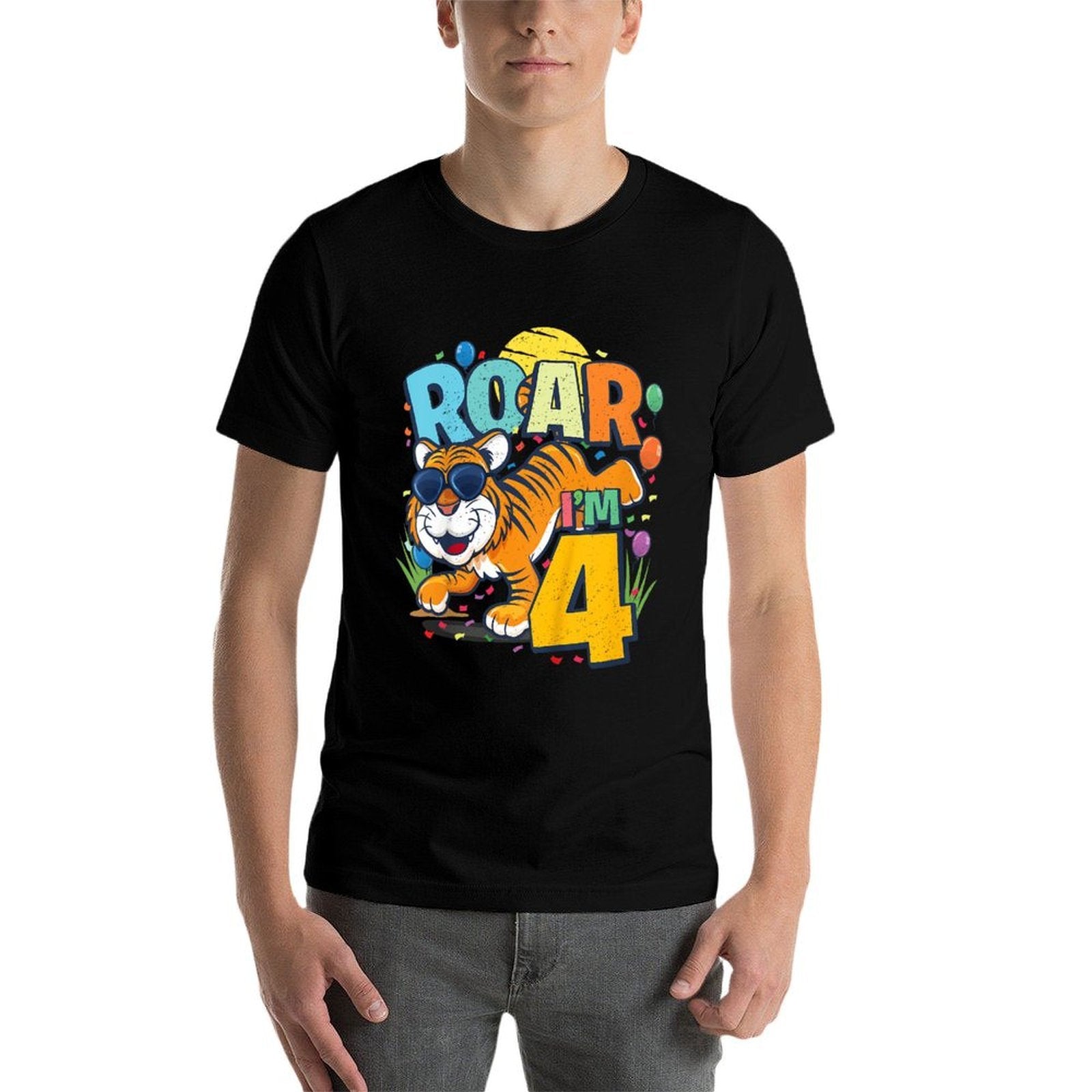 Kids 4th Birthday ROAR I'M 4 Year Old Boys Tiger Safari Gift Top  Fade-proof Color T-Shirt