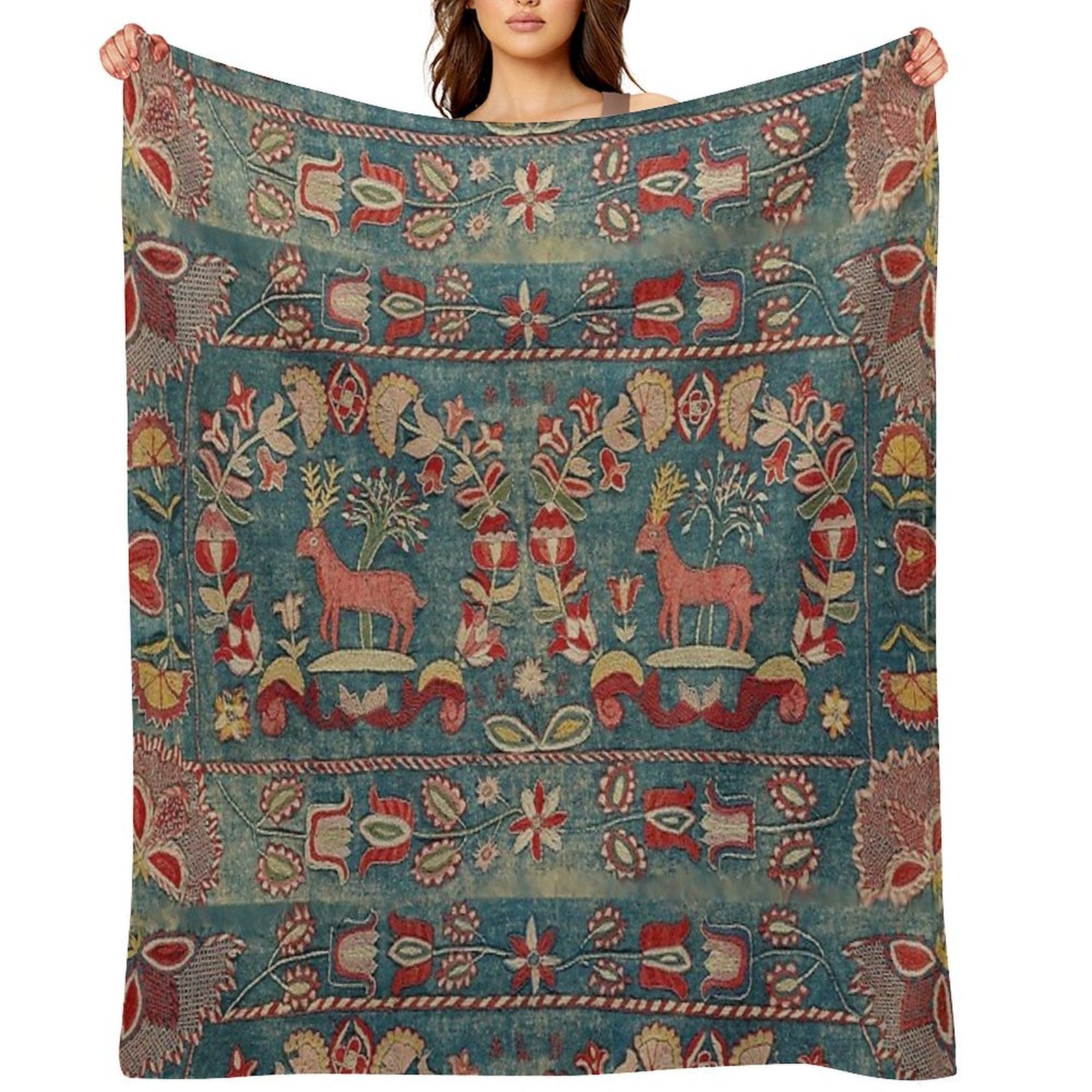 ANTIQUE  RED BLUE SWEDISH TAPESTRY WITH DEERS AND FLOWERS All-season Throw Blanket