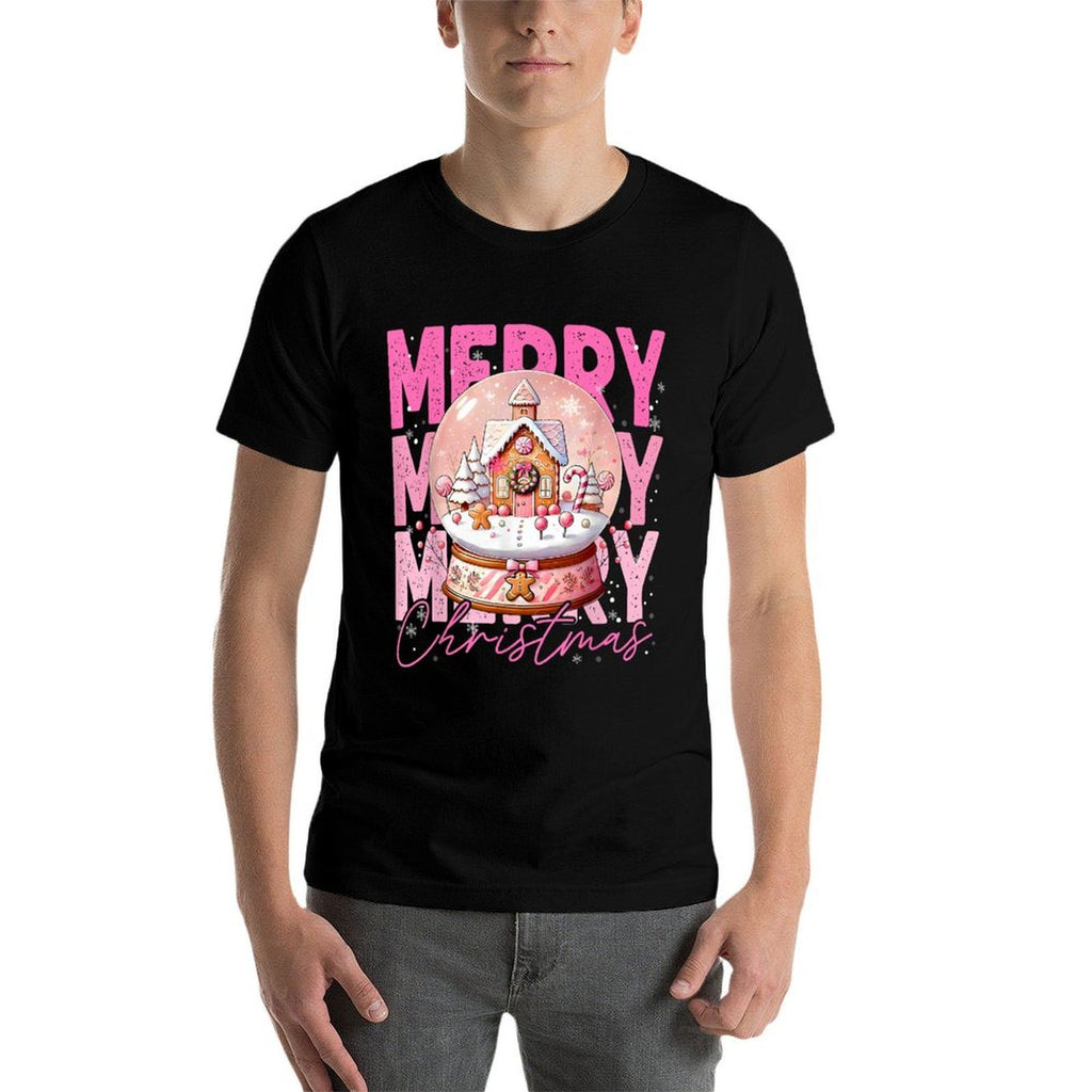 Cute Merry Christmas Snow Globe Pink Gingerbread House Xmas  Moisture-wicking T-Shirt