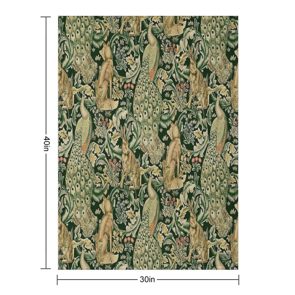 GREEN FOREST ANIMALS ,PEACOCKS, FOX AND HARE IN GREEN LEAVES,FLORAL PATTERN Shrink-resistant Throw Blanket