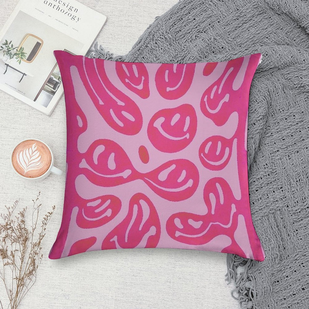 Hot Pink Melted Smiley Face Psychedelic Pattern Soft Bedroom Essential Throw Pillow