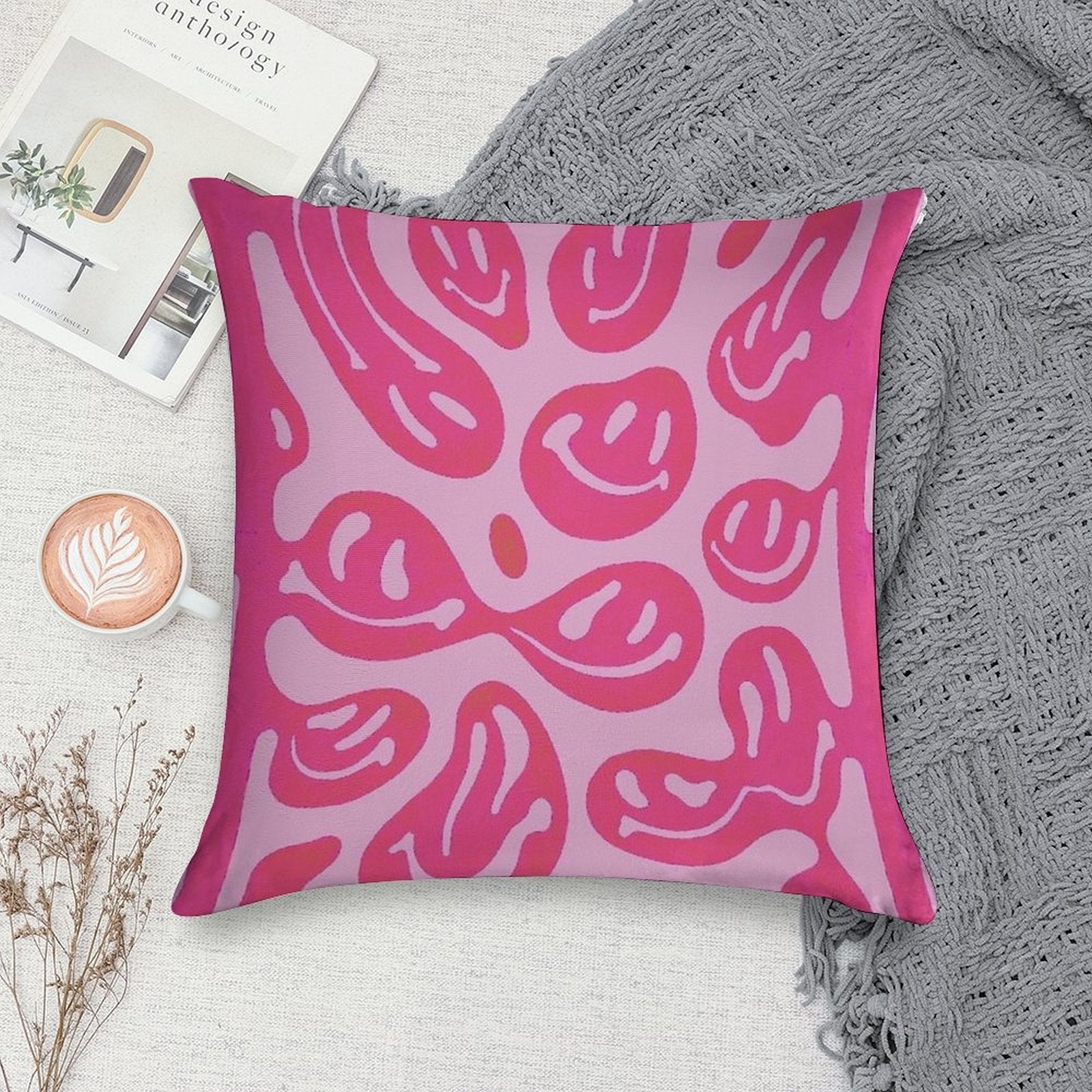 Hot Pink Melted Smiley Face Psychedelic Pattern Soft Bedroom Essential Throw Pillow