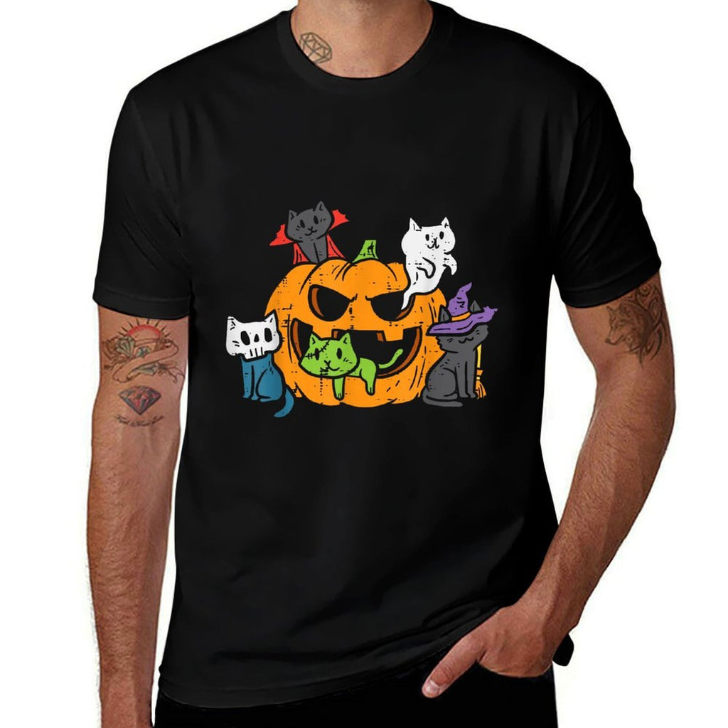 Vampire Ghost Zombie Witch Cats In Pumpkin Cute Halloween  Ribbed Collar T-Shirt