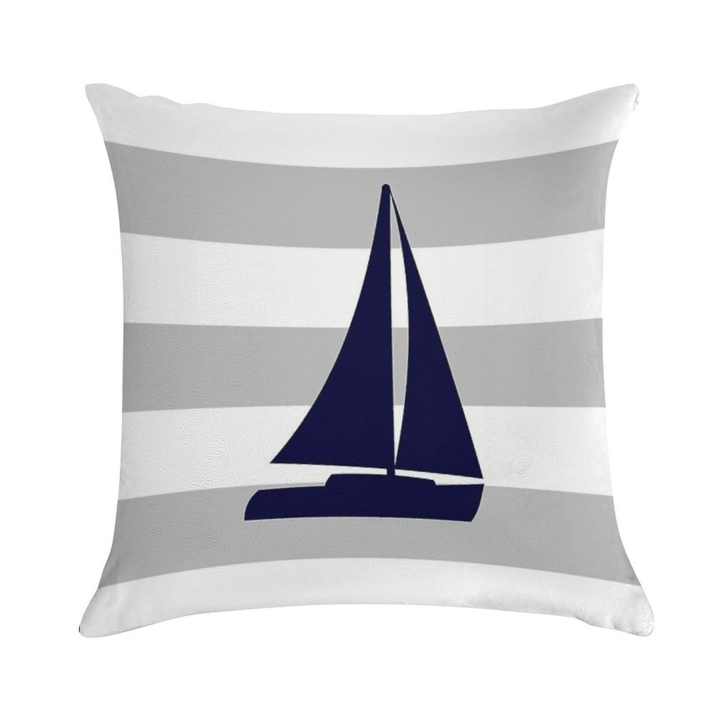 Nautical Navy Blue Sailboat On Silver Gray Stripes Soft Washable Throw Pillow