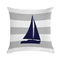 Nautical Navy Blue Sailboat On Silver Gray Stripes Soft Washable Throw Pillow