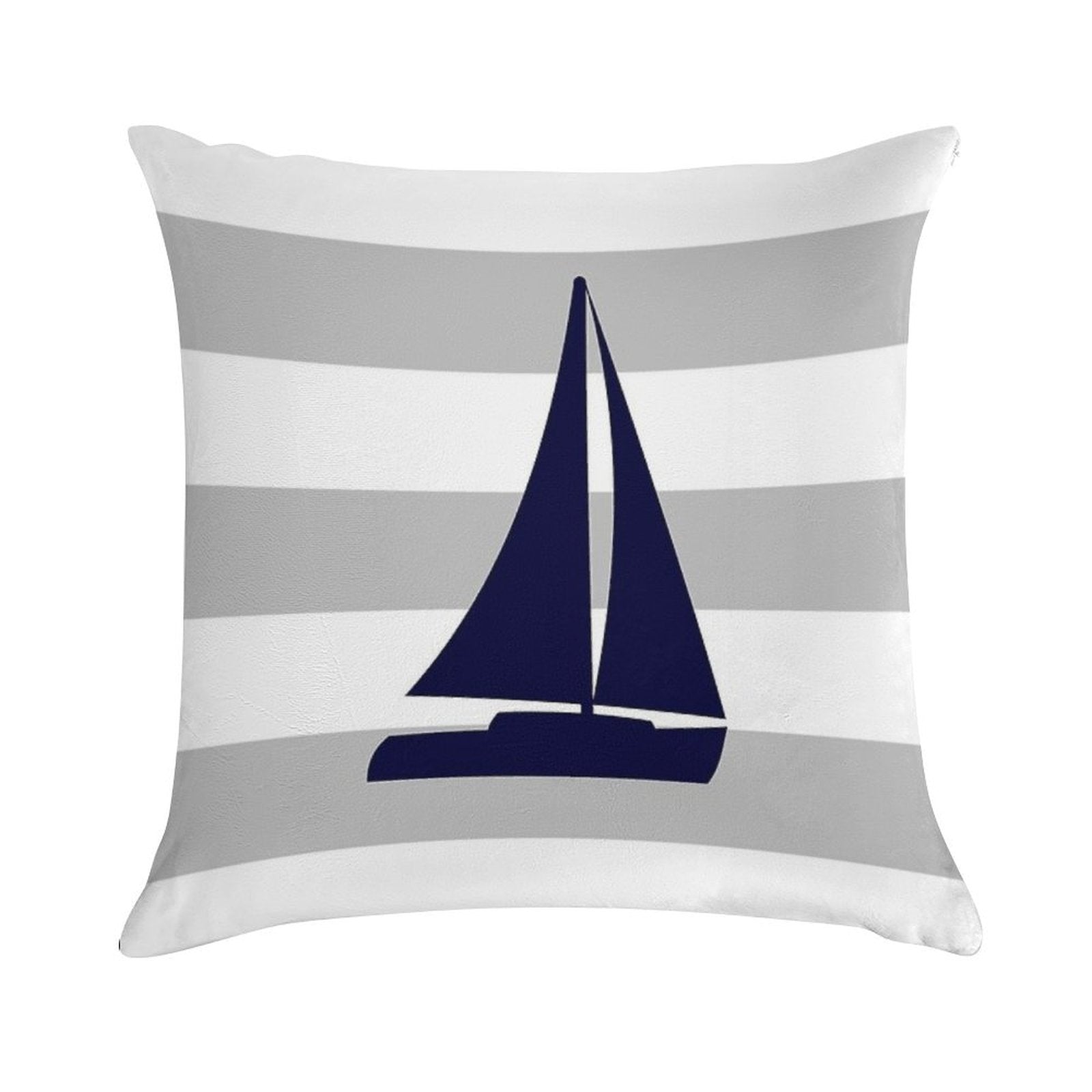 Nautical Navy Blue Sailboat On Silver Gray Stripes Soft Washable Throw Pillow