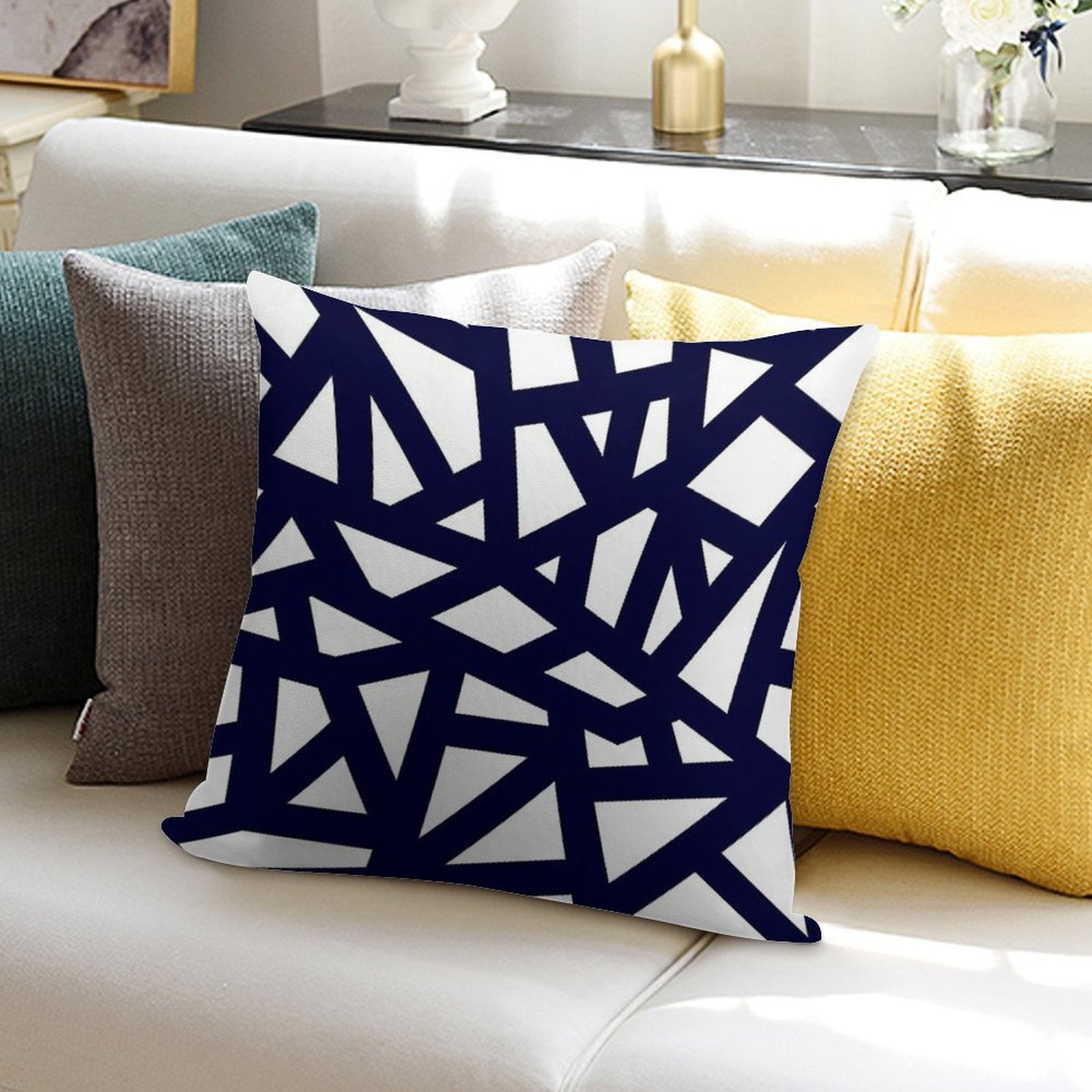 Navy Blue Thick Mosaic Lines On White Soft Luxury Feel Throw Pillow