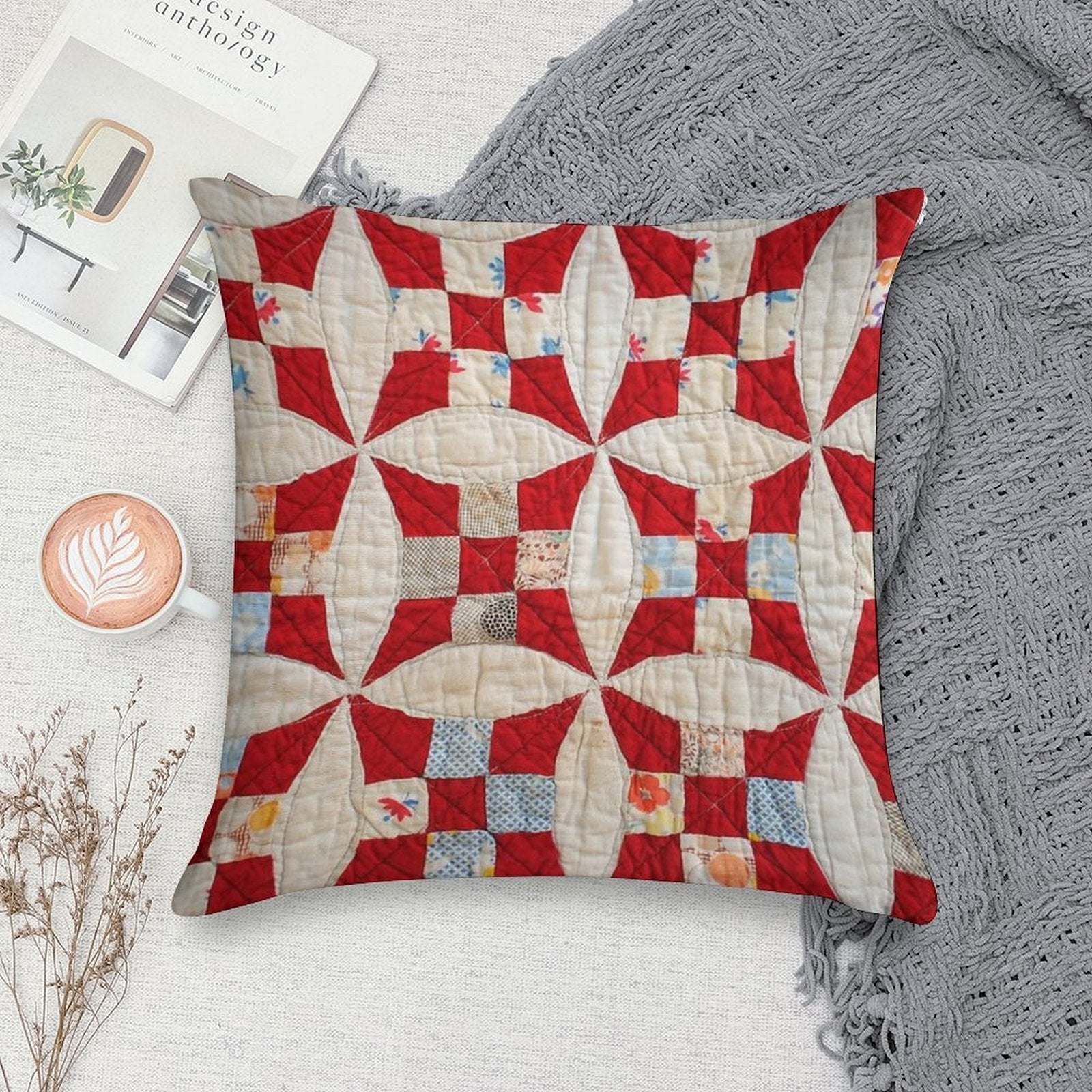 Vintage Patchwork Quilt in Red And White Soft Anti-Pilling Throw Pillow
