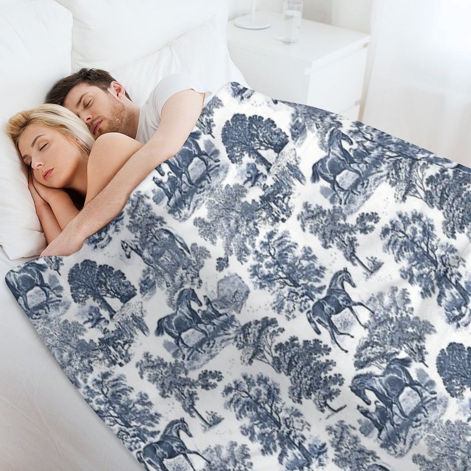 Elegant Vintage Chic Blue Toile Horses Pattern Versatility Throw Blanket
