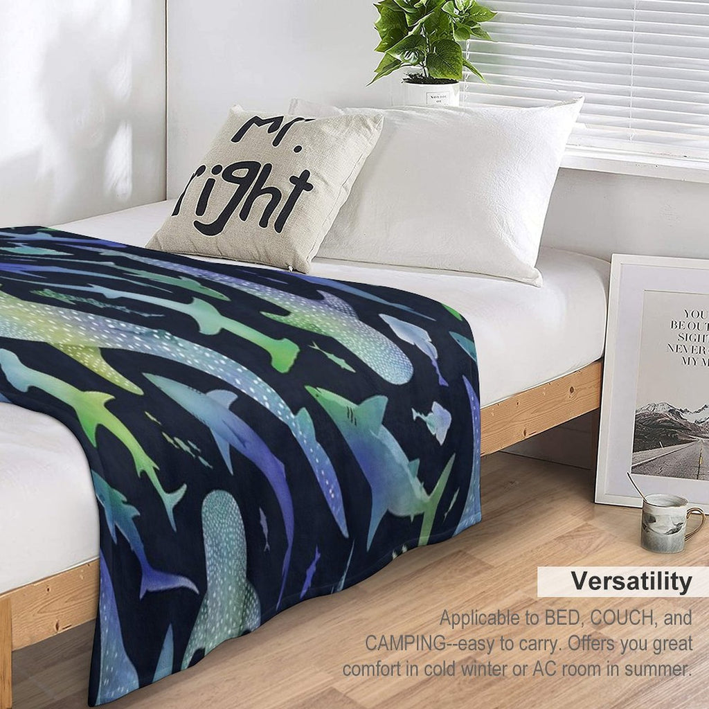 Blue And Green Watercolor Shark Ocean on Dark Navy Blue Travel-friendly Throw Blanket