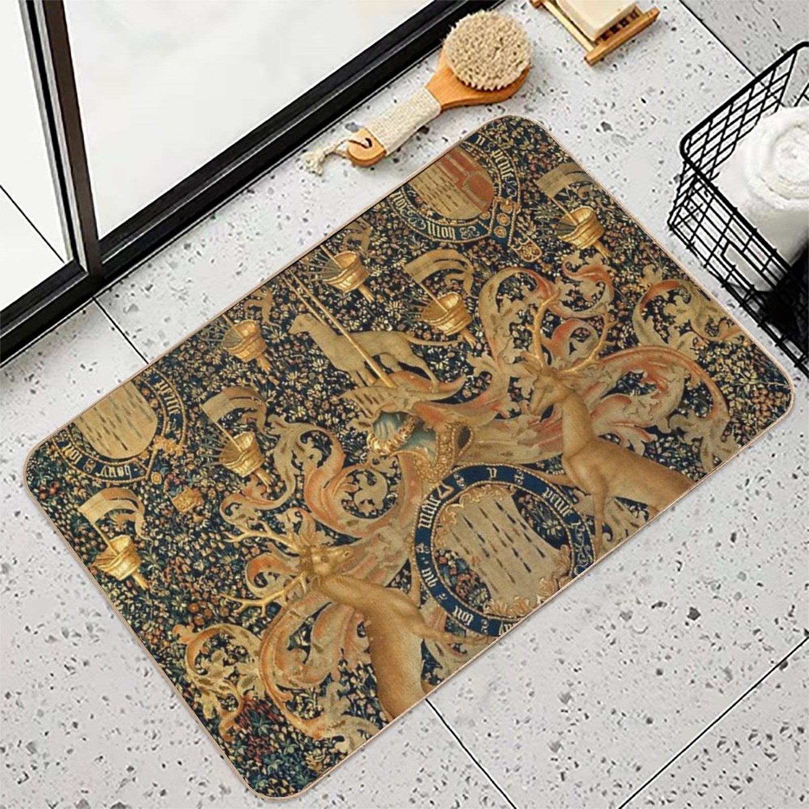 Gold Navy Blue Antique Heraldic Tapestry with Harts,Armorial Bearings Badges of John  Multi-Purpose Bath Mat