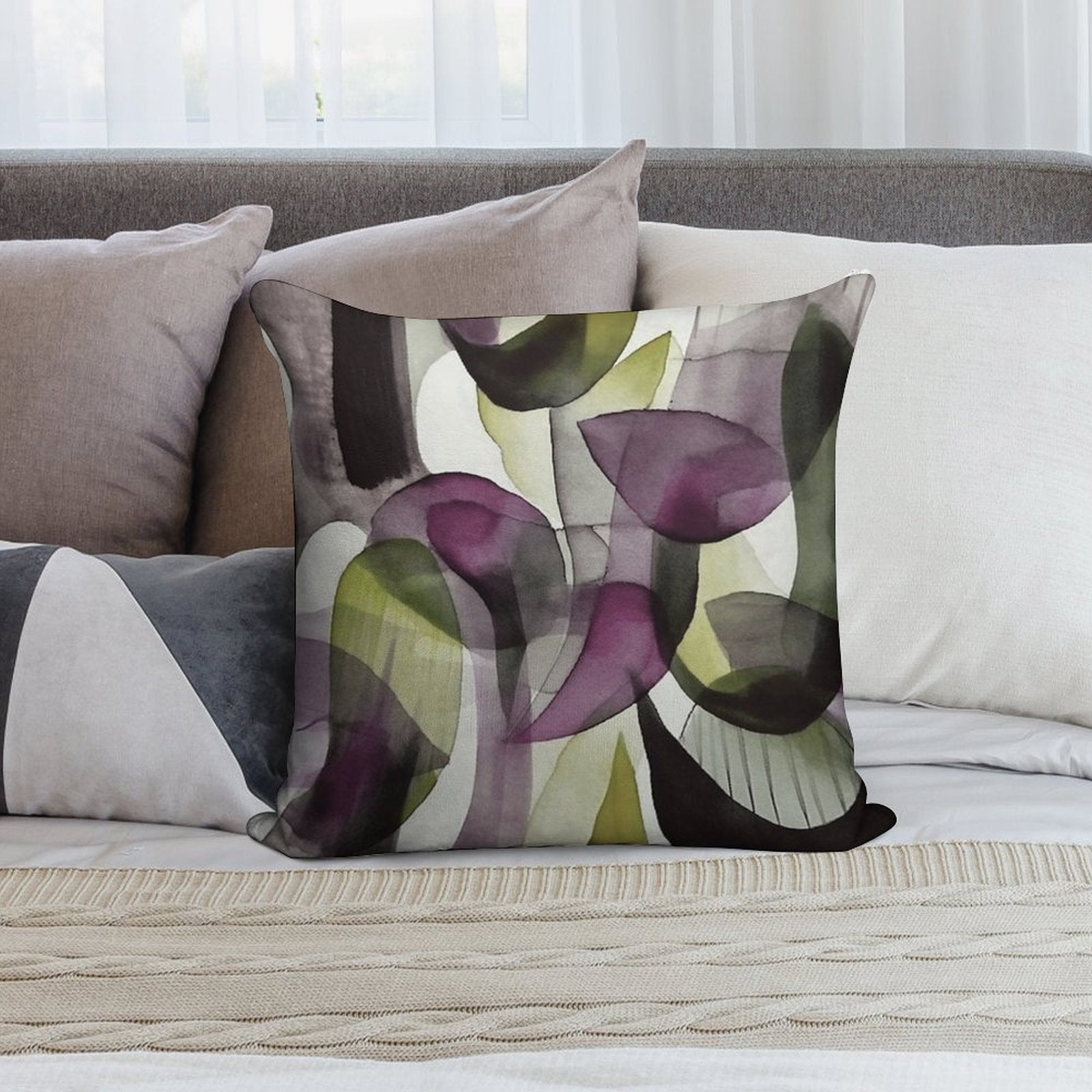Abstract Watercolor in Purple And Green Soft Shrink-Resistant Throw Pillow