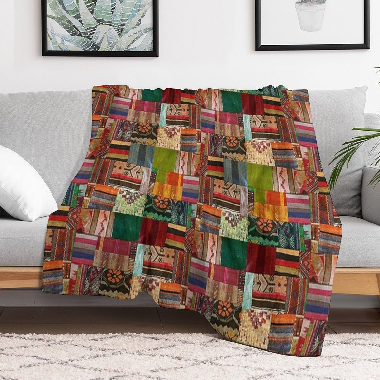 Tradional Kilim Patchwork Multi Colored Design Anti-pilling Throw Blanket