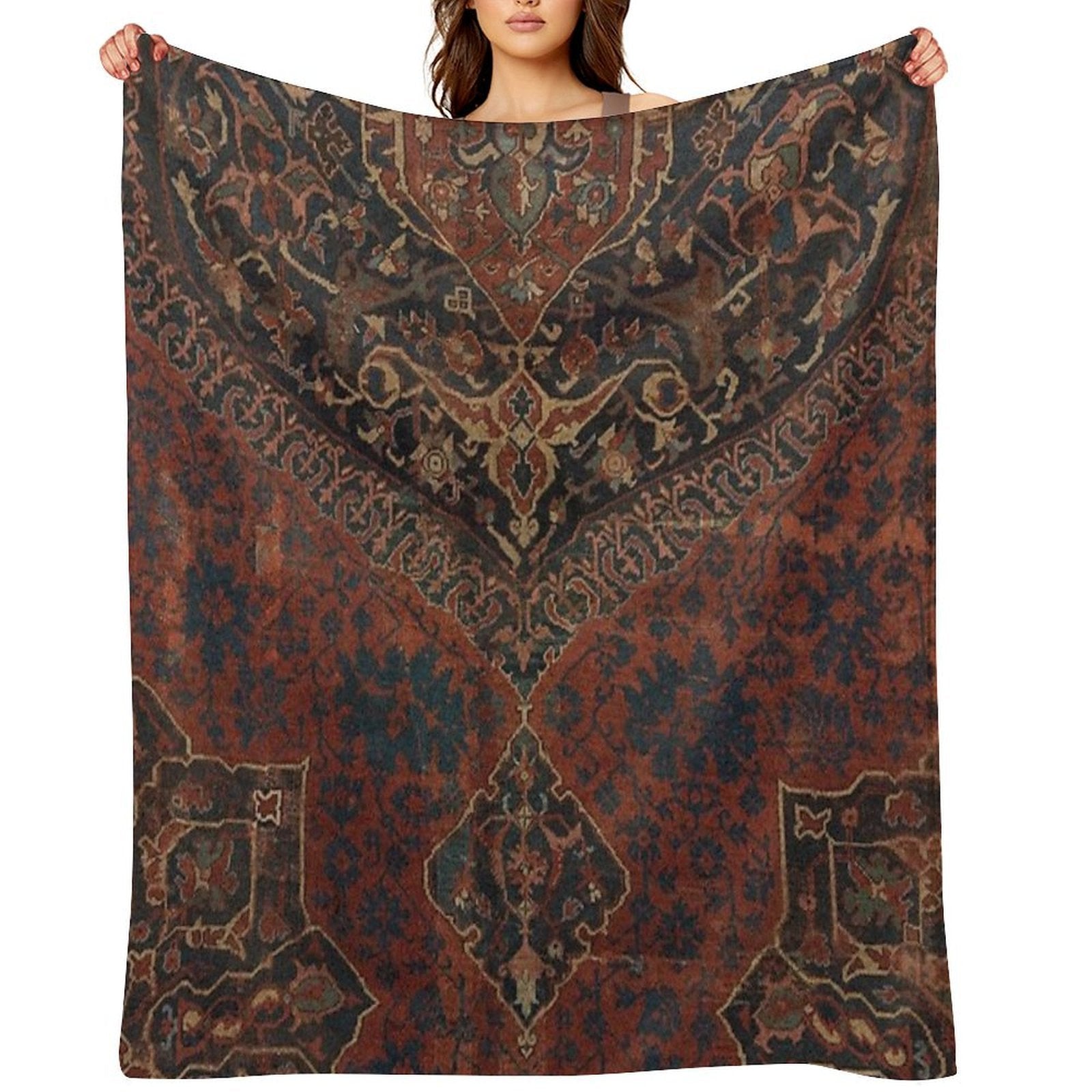 Boho Chic Dark VII  17th Century Colorful Medallion Red Blue Green Brown Ornate Accent Rug Pattern Travel-friendly Throw Blanket