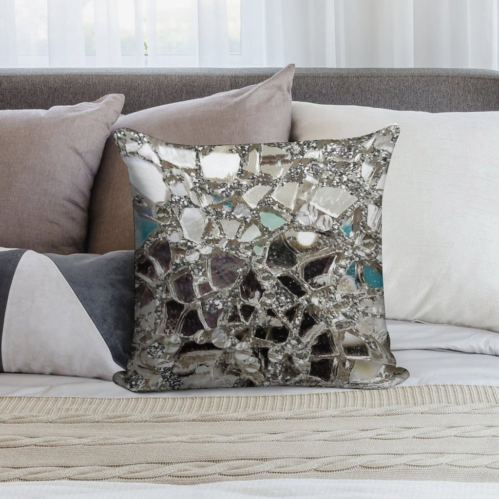 Photographic Image Sparkly Silver Glitter, Glass And Mirror Soft Reinforced Edging Throw Pillow