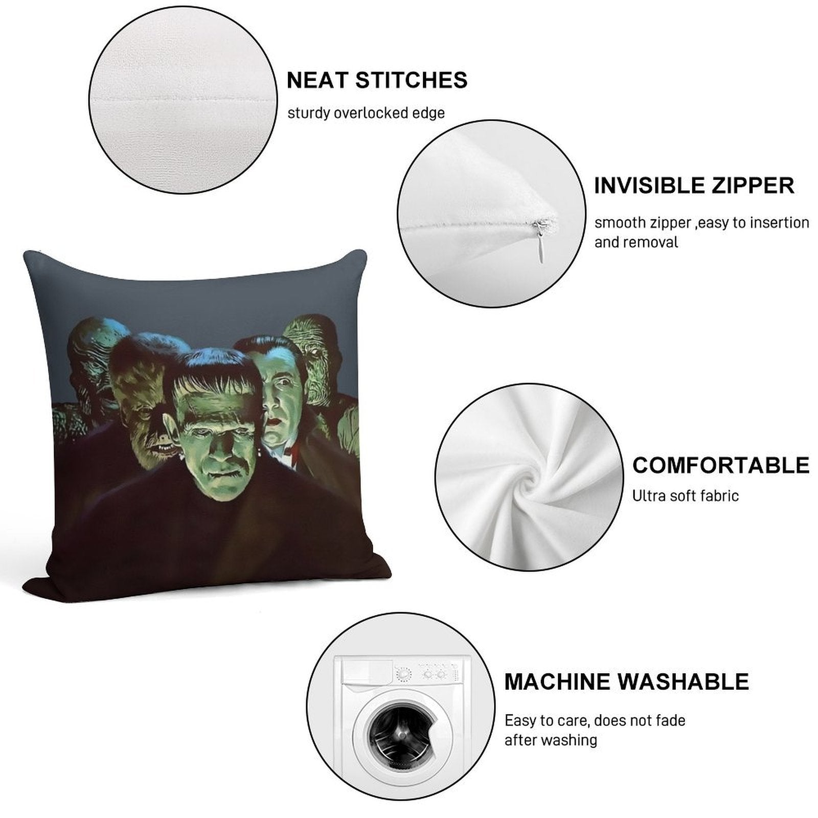 Gang of Monsters Soft Short Plush Fabric Throw Pillow