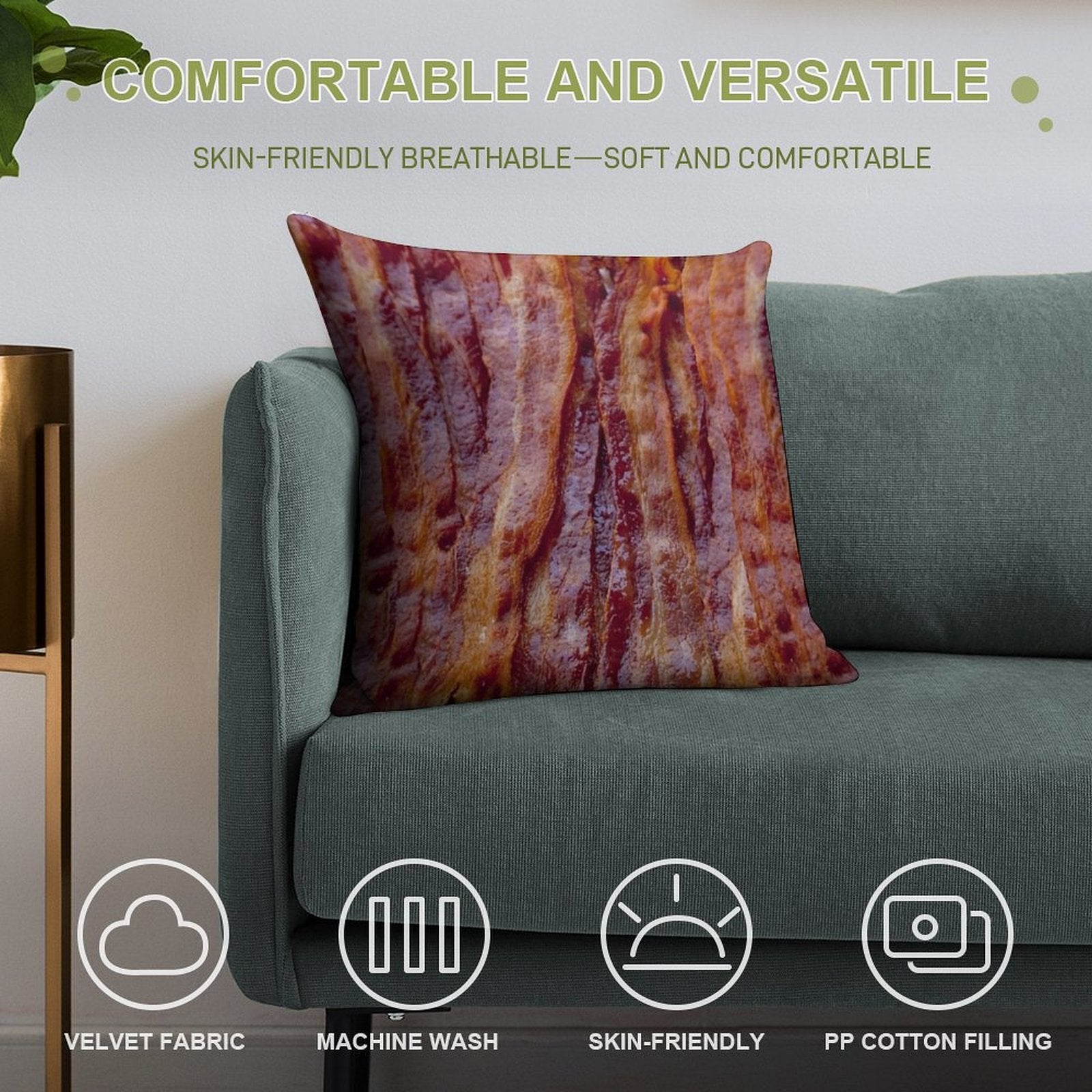 Fried Bacon Soft Short Plush Fabric Throw Pillow