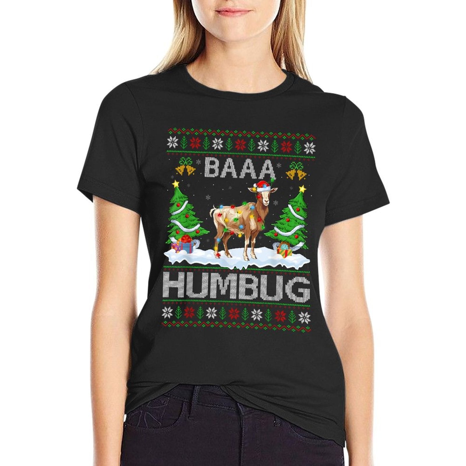 Baaa Humbug Ugly Goat Christmas - Unisex-Adults  Kids - Black - Small - - Polyester - Christmas-Themed  Lightweight T-Shirt