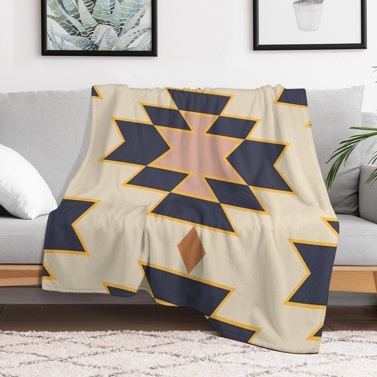Desert Boho Aztec Folk Motif Blue And Blush Pink Sustainable Throw Blanket