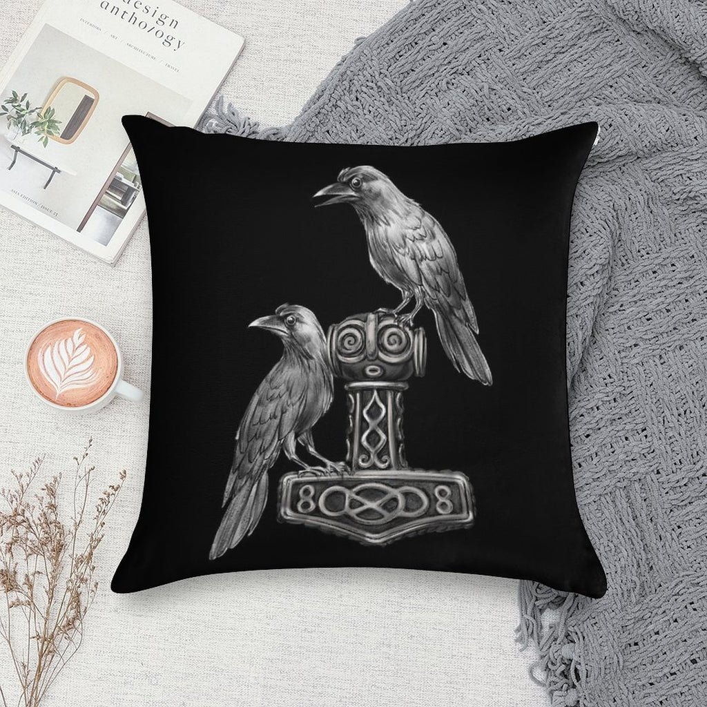 Thor Hammer Mjölnir with Odin Ravens Hugin And Munin Soft Easy Maintenance Throw Pillow