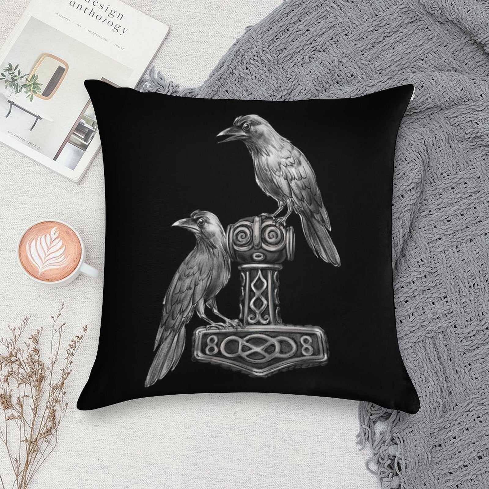 Thor Hammer Mjölnir with Odin Ravens Hugin And Munin Soft Easy Maintenance Throw Pillow