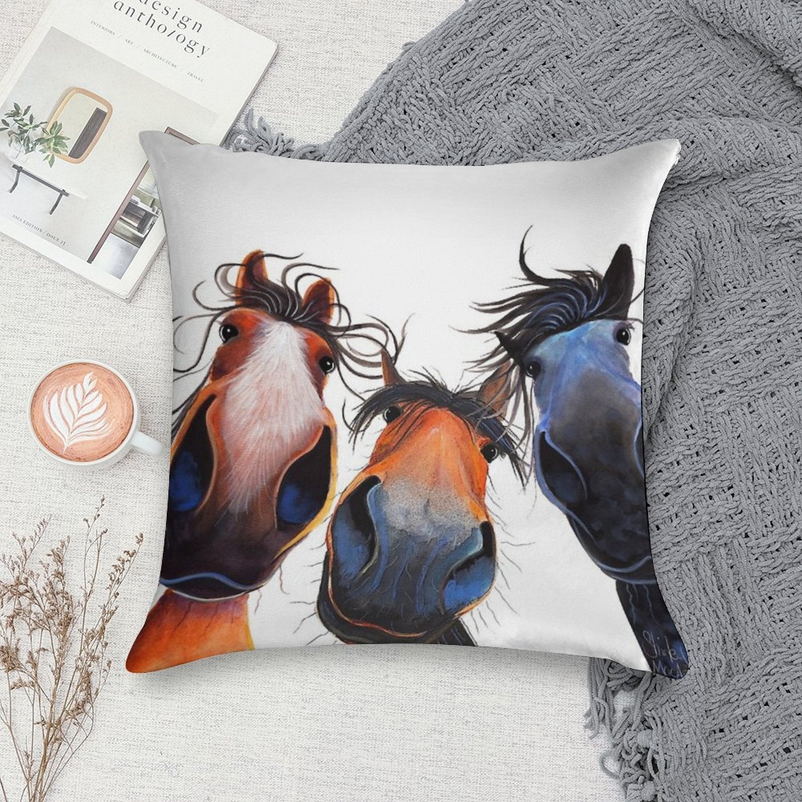 HaPPY HoRSe PRiNT ' WHo LeFT THe GaTe OPeN  ' BY SHiRLeY MacARTHuR Soft Shrink-Resistant Throw Pillow