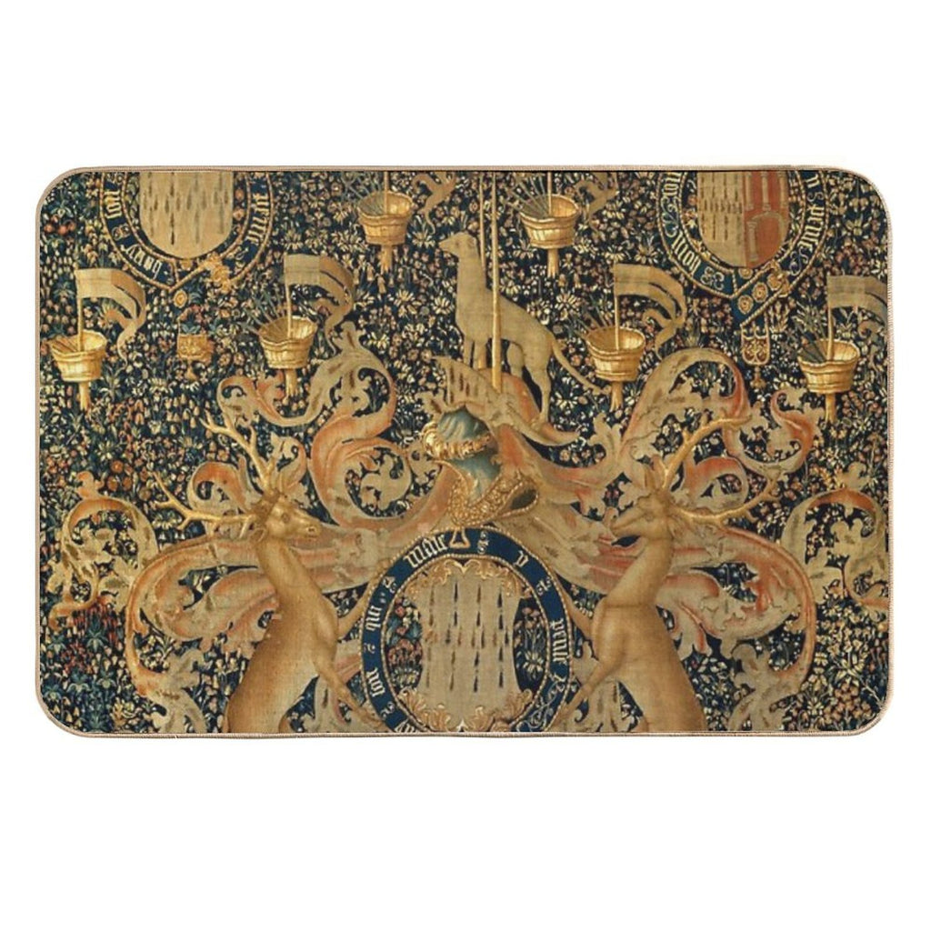 Gold Navy Blue Antique Heraldic Tapestry with Harts,Armorial Bearings Badges of John  Multi-Purpose Bath Mat