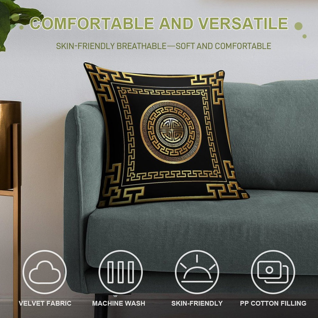 Greek Key Meander Black Gold Large Soft Fade-Resistant Throw Pillow