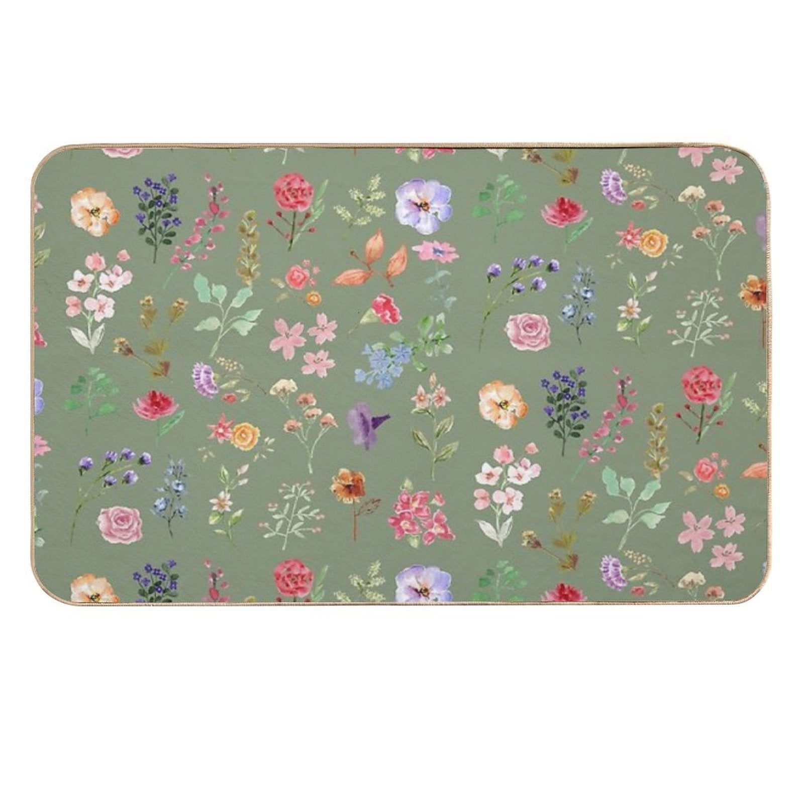 Watercolour Floral Pattern in Sage Green  Rapid-Drying Bath Mat