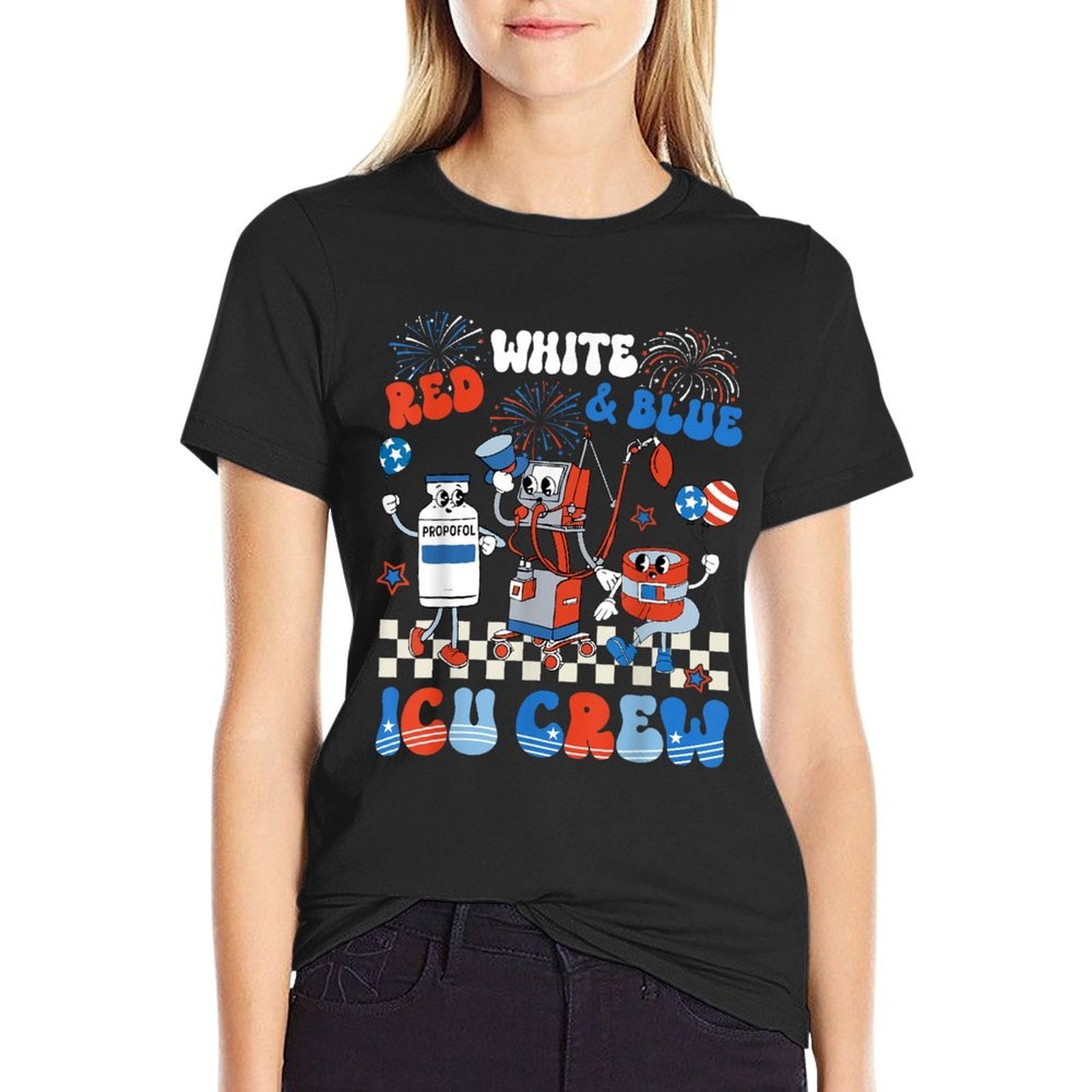 ICU Nurse 4th Of July Independence Day Red White ICU Crew  Cotton T-Shirt