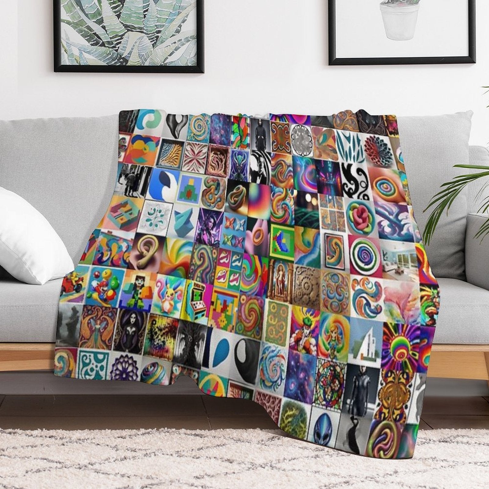 Stable Diffusion -  Grid from A Color Painting in The Biomorphic Movement. Gift-ready Throw Blanket