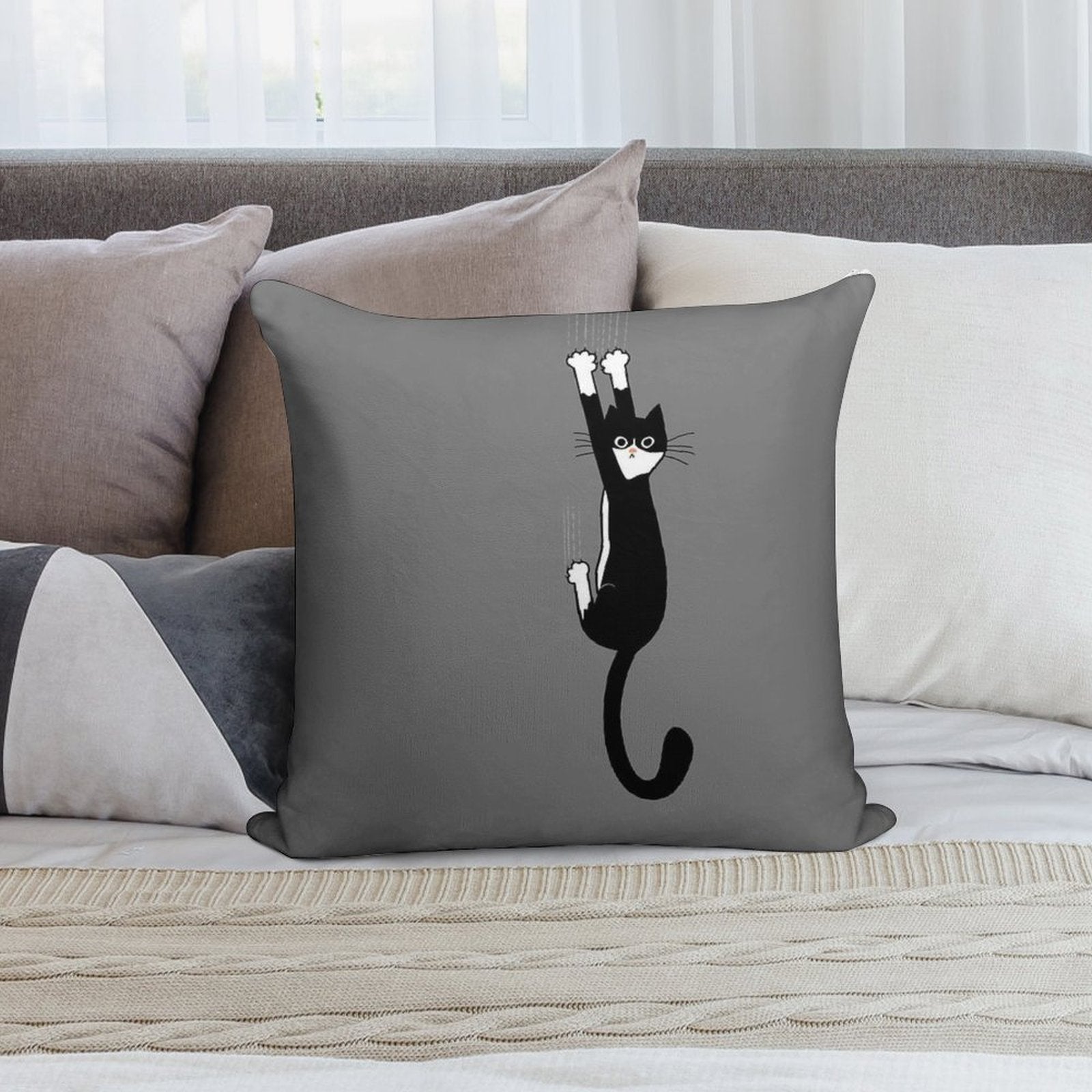 Black And White Cat Hanging On  Funny Tuxedo Cat Soft Luxury Feel Throw Pillow