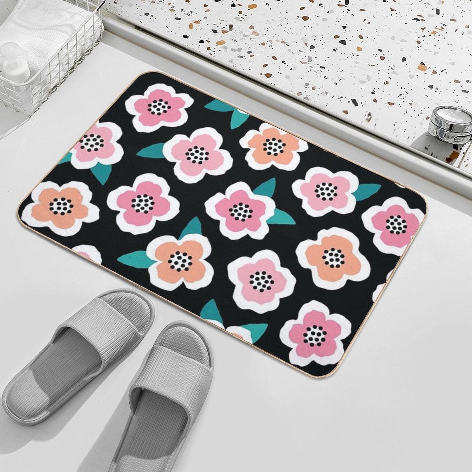 Scandi Briar Roses - Pink on Black  Repositionable Bath Mat