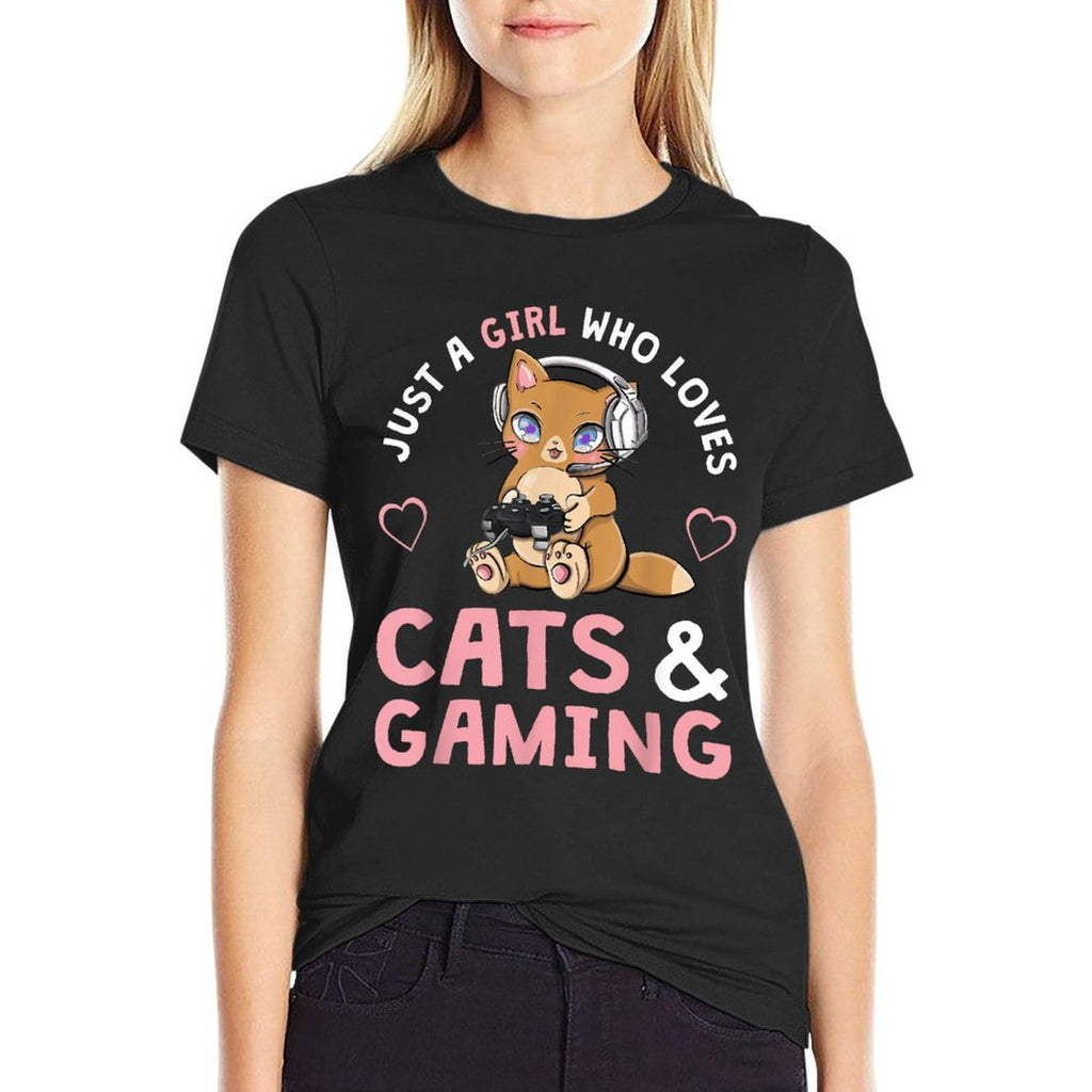 Just A Girl Who Loves Cats And Gaming Cute Gamer Cat  Easy-care T-Shirt
