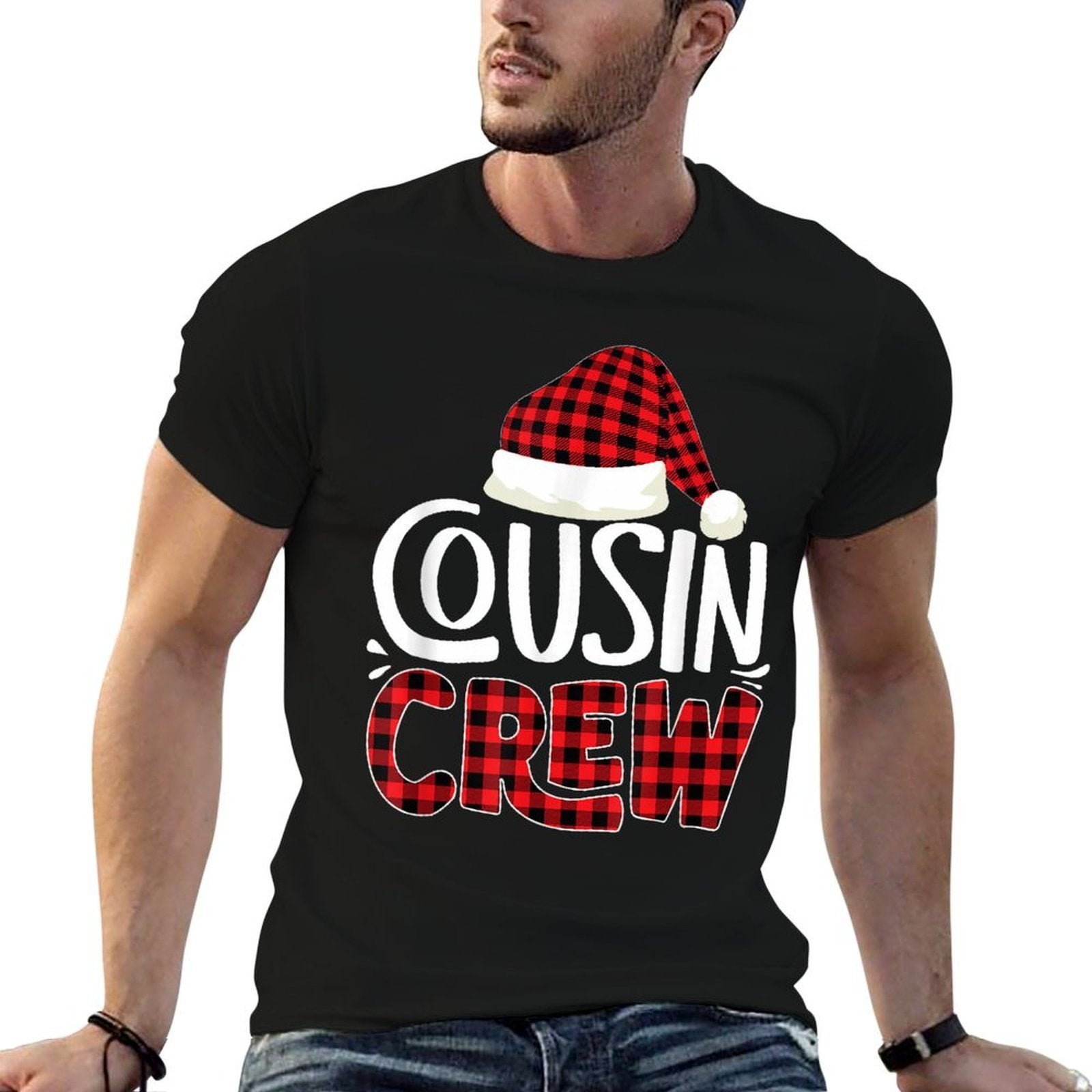 Cousin Crew Family Group Matching Christmas Pajama Party  Ribbed Collar T-Shirt