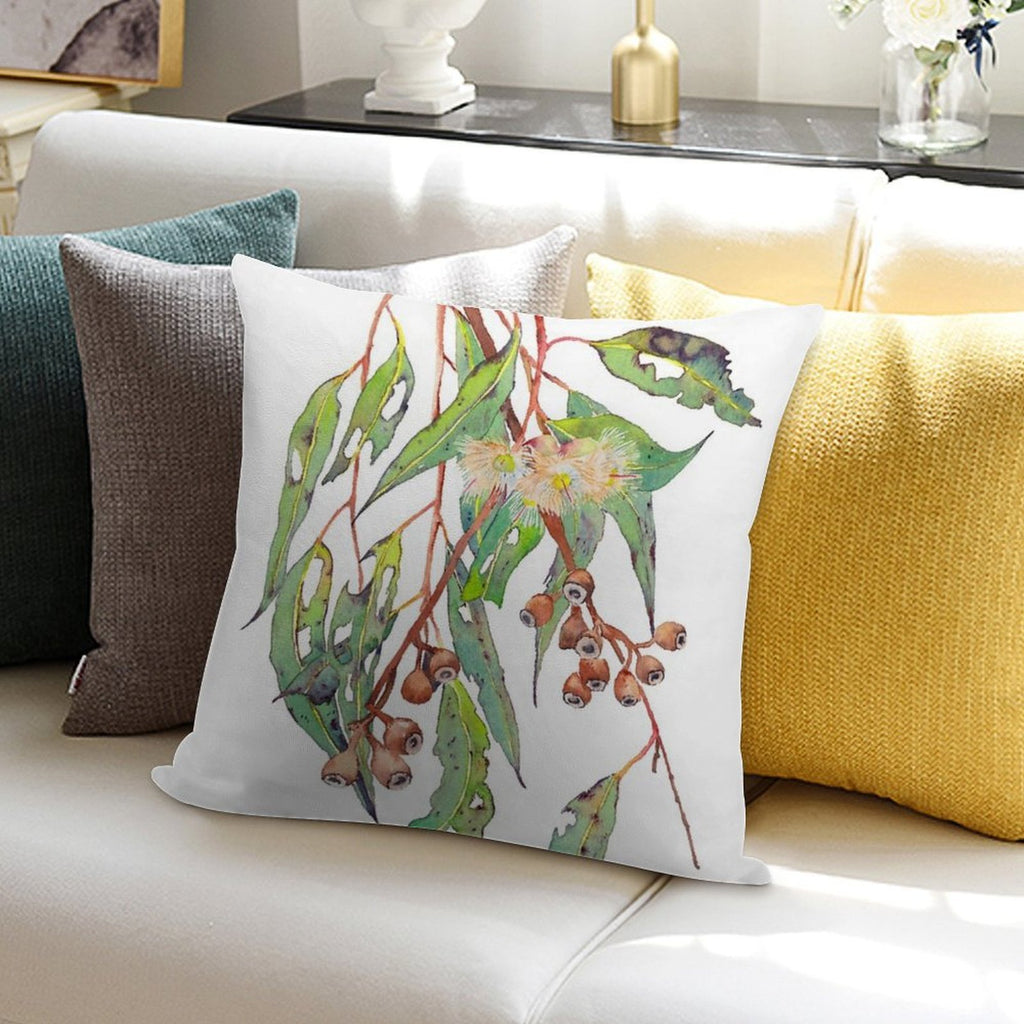 Watercolour Eucalyptus Tree Branch with White Flowers & Gumnuts. Soft Style Accent Throw Pillow