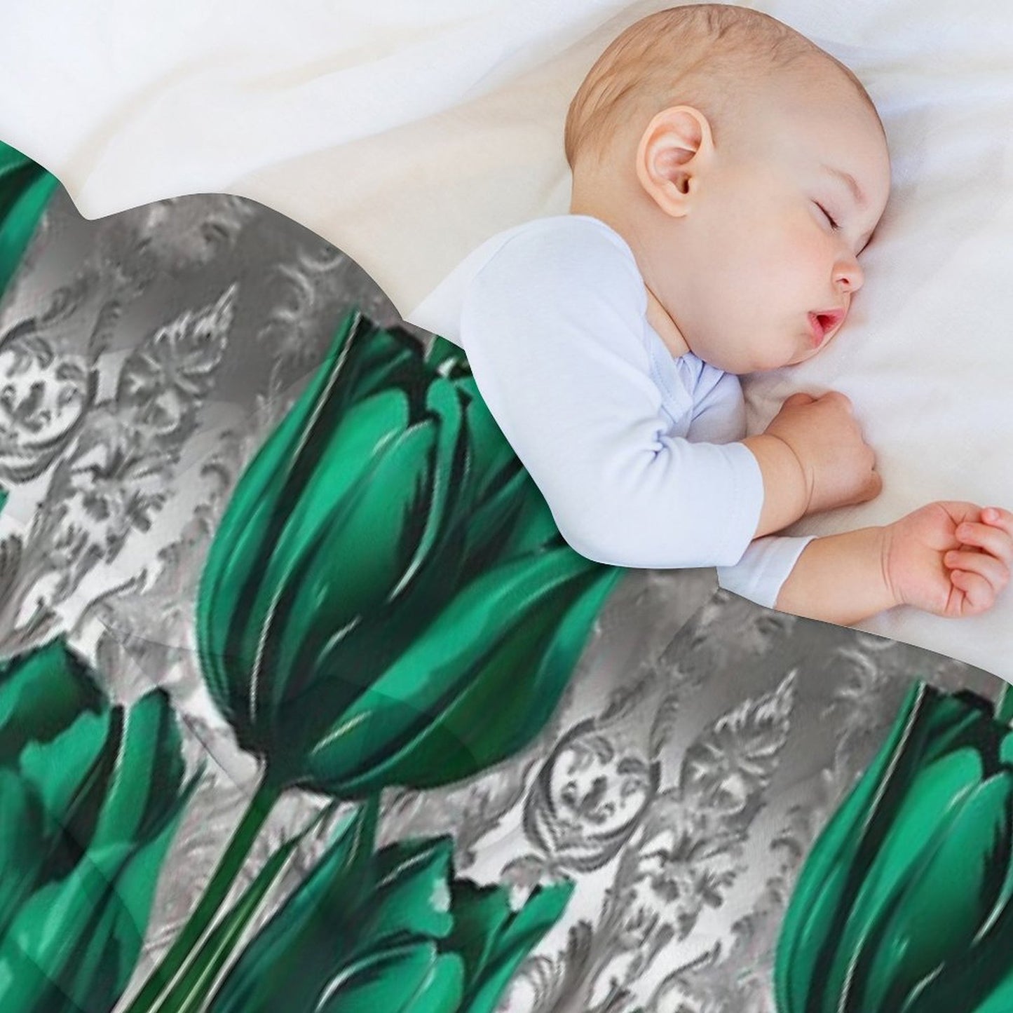 Emerald Green Tulips with Silver Baroque Machine-washable Throw Blanket
