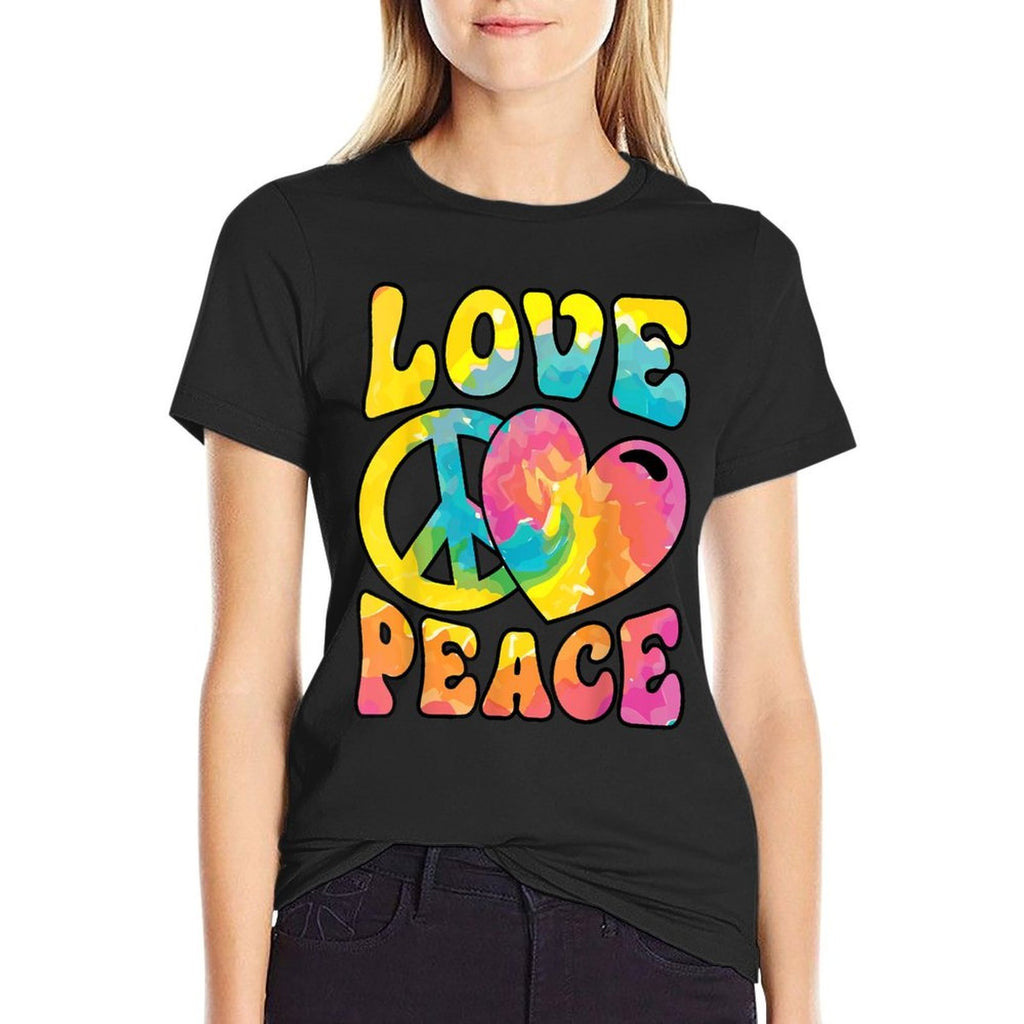 Hippie Women Men Love Peace Sign Heart Tie Dye Retro Groovy  Trendy Pattern T-Shirt