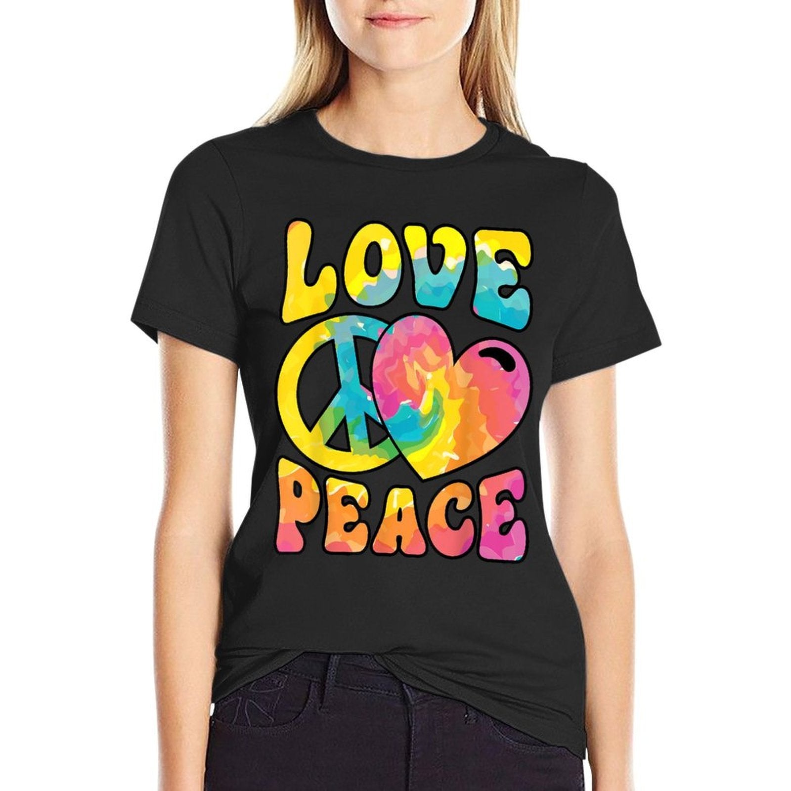 Hippie Women Men Love Peace Sign Heart Tie Dye Retro Groovy  Trendy Pattern T-Shirt