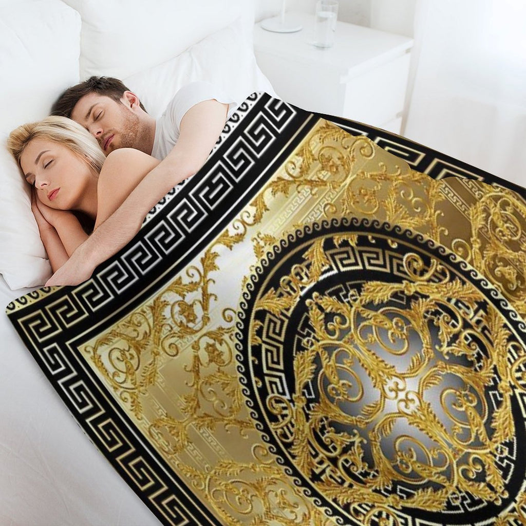 Ornate Baroque Black Gold Greek Keys Meander Travel-friendly Throw Blanket