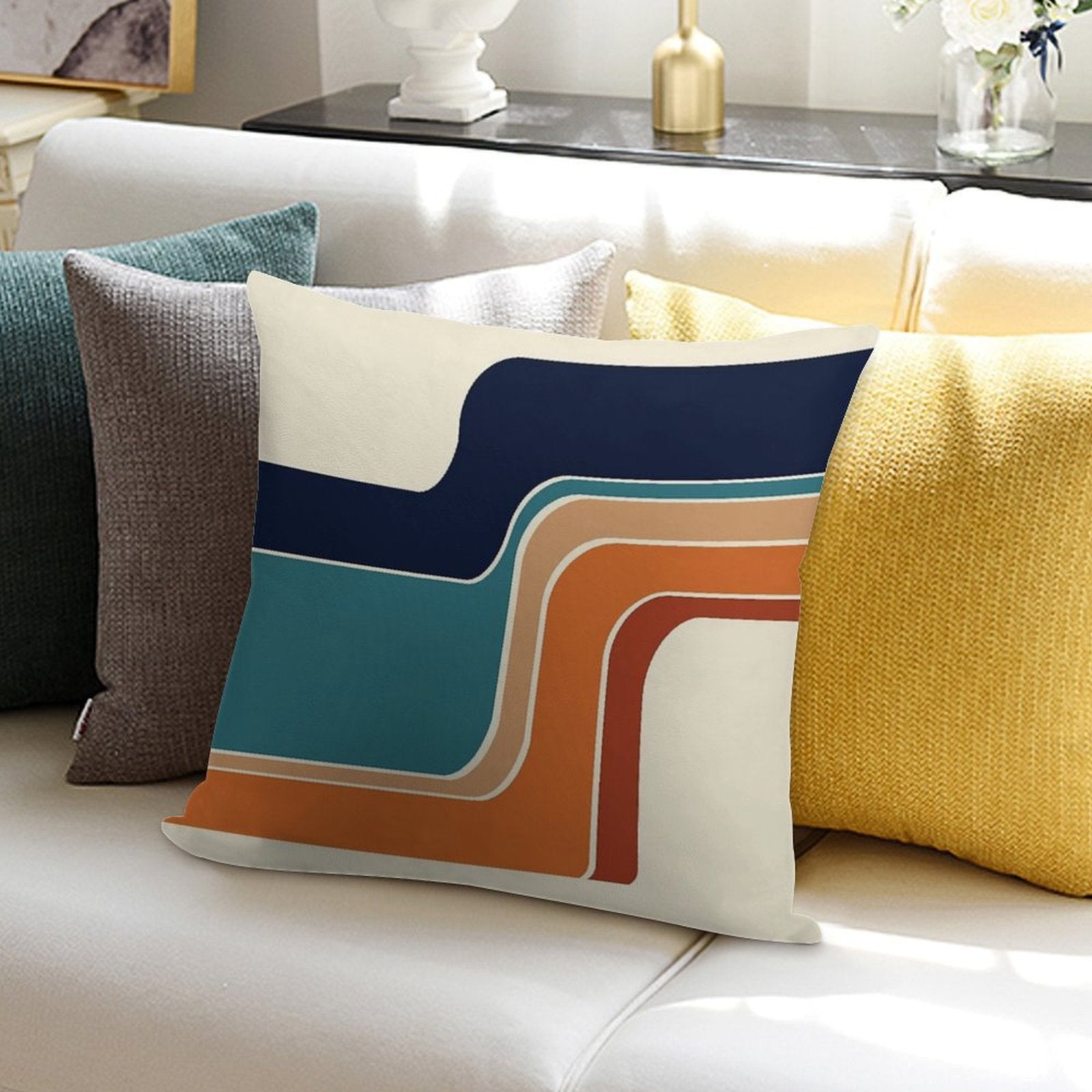 Retro Zig Zag Stripes Orange Rust Blue Soft Washable Throw Pillow