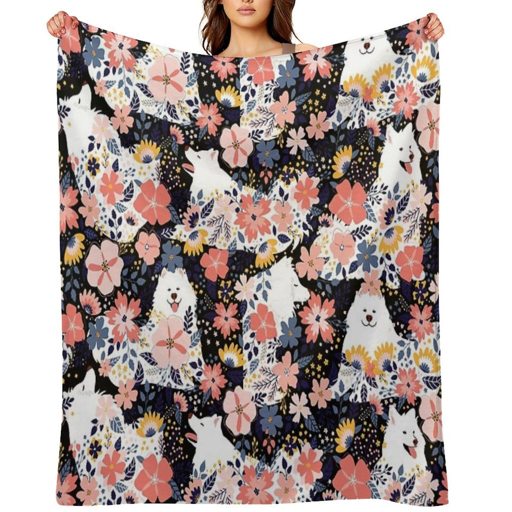Cute Samoyed Garden - Black Background Shrink-resistant Throw Blanket